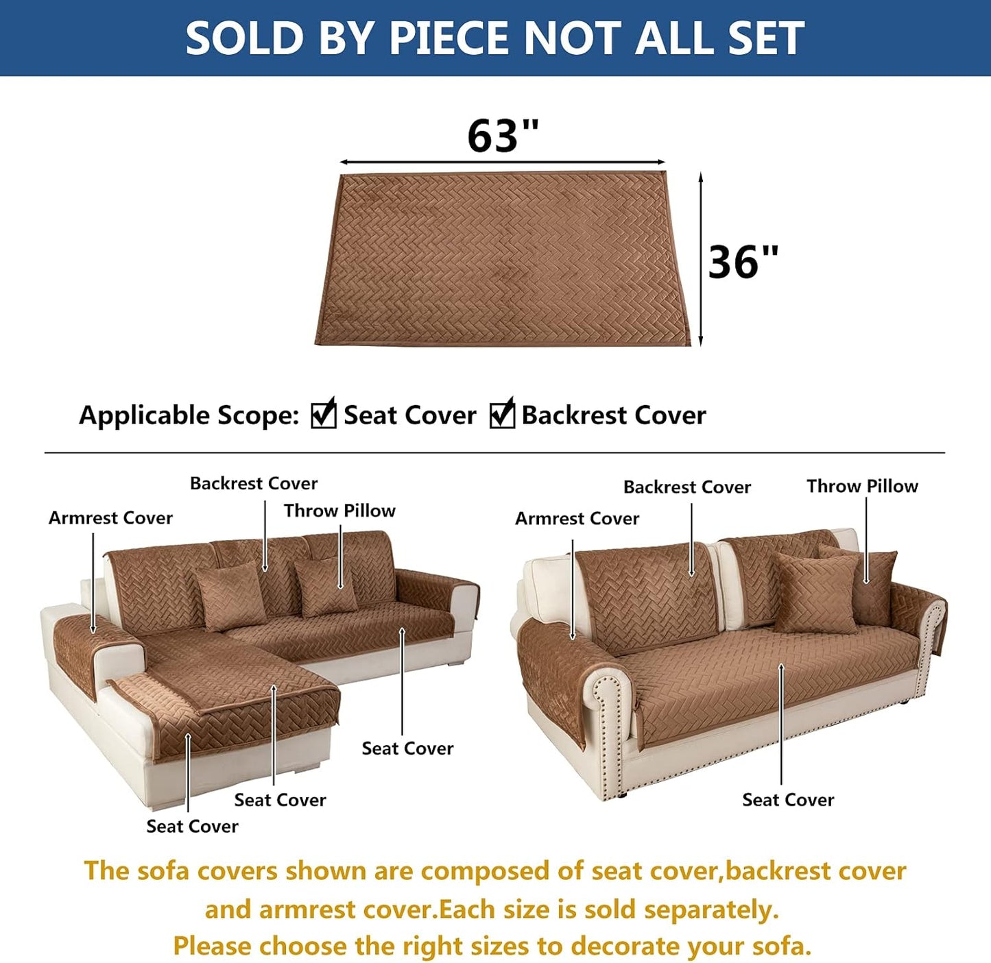 Eismodra Couch Cover,Sectional Couch Covers,Sofa Covers for 3 Cushion Couch,Anti-Slip Sofa Slipcovers for Dogs Cats Kids Loveseat Recliner L Shaped Armrest Backrest,Brown 36''x63''(Only 1 Piece)