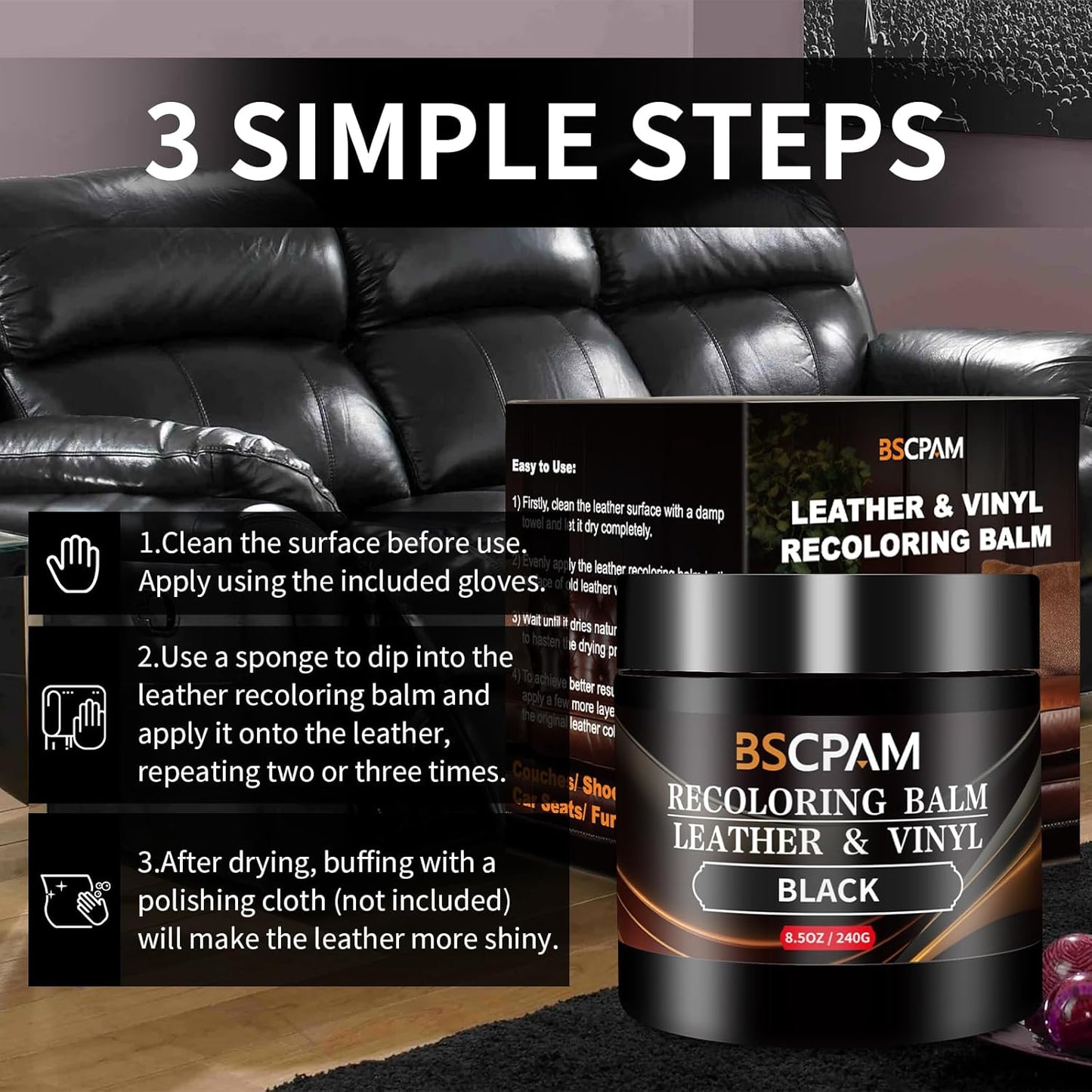 Black Leather Recoloring Balm,Leather Couch Scratch/Stain Remover,Leather Repair kit for Vinyl Furniture and Car Interior,Leather Dye Paint for Scratched and Faded Leather Couches