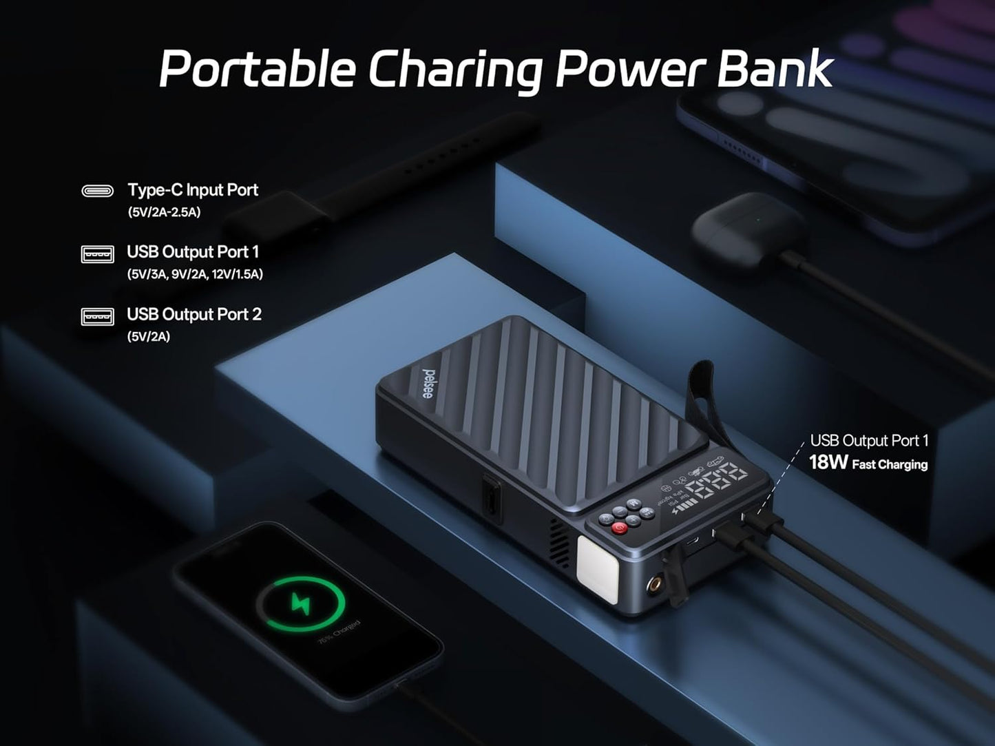 Pelsee 3500A Jump Starter with Air Compressor, 20000mAh&160PSI Portable Car Battery Jump Starter, 12V Battery Pack (10L Gas 8L Diesel Engine) with 18W Fast Charge, LED Light, Jumper Cables