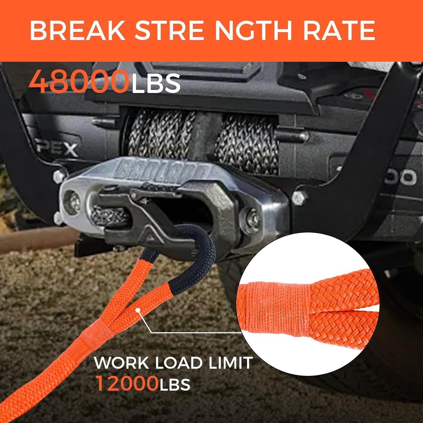 Kinetic Recovery Tow Rope, 48000LBS Snatch Strap with Soft Shackles, Extreme Duty 30% Elasticity Energy Offroad Towing Straps Kit for Car Jeep Trucks SUV UTV ATV Tractor - 1" x 20ft, Orange