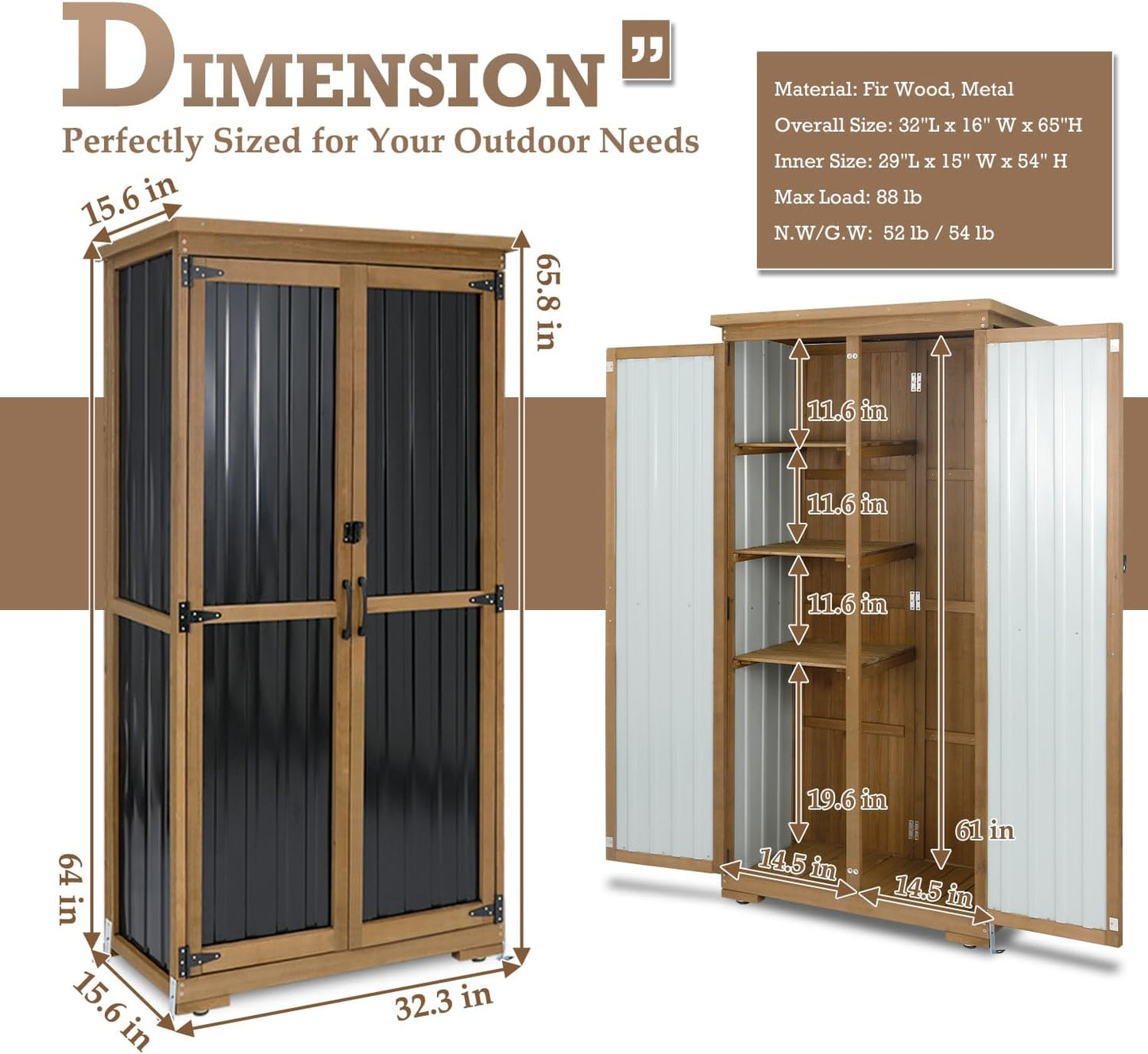 Outdoor Storage Cabinet Waterproof with Shelves, Small Storage Shed, Vertical Tall Patio Backyard Garden Storage Cabinet Tool Organizer for Outside