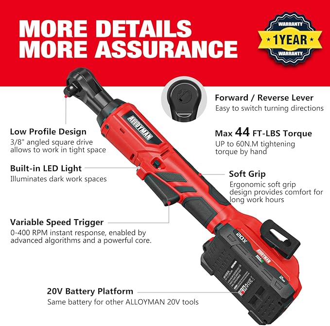 Alloyman 3/8" Cordless Ratchet Wrench Set, 44FT-LBS(60N.m) Electric Ratchet, 2 X 20V Chargeable Power Ratchet Wrench Set with Variable Speed, LED Light, 6 Sockets, 1/4" Adapter, 3" Extension Rod