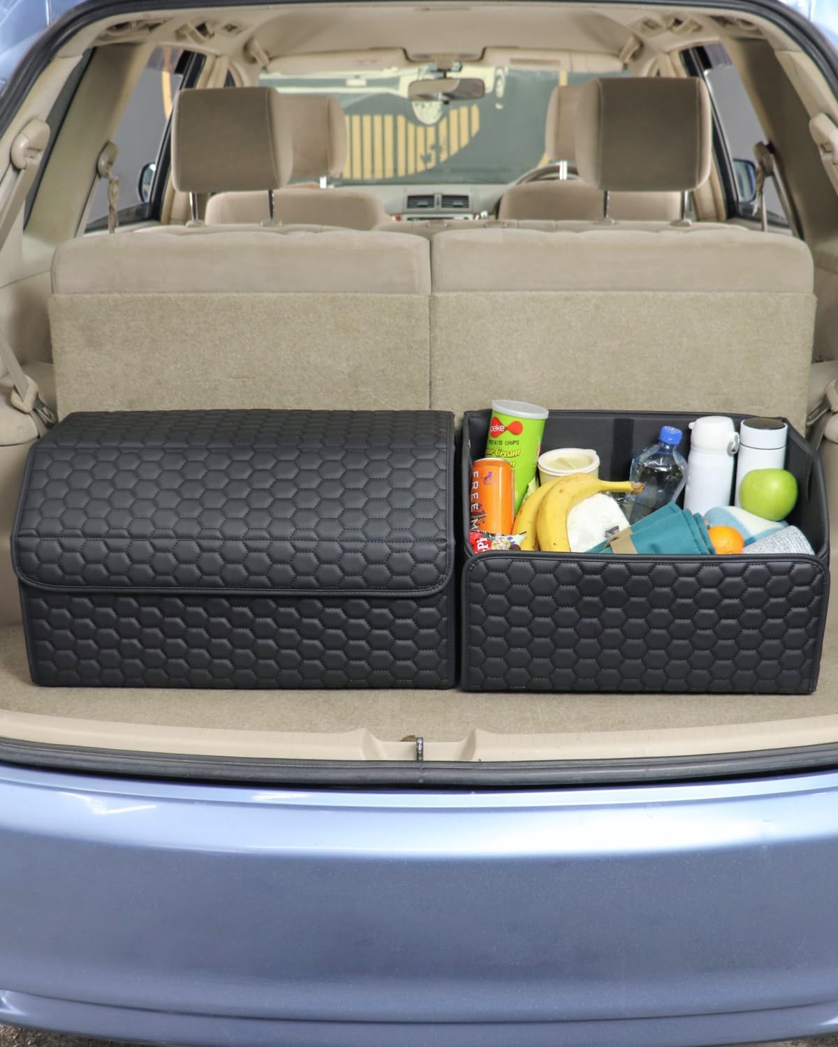 Car Storage Organizer Bundle - Two Foldable Crates For Groceries, Gear & Trips - Durable SUV And Truck Storage Set - Thoughtful Birthday Gifts For Drivers (Black 17+21)