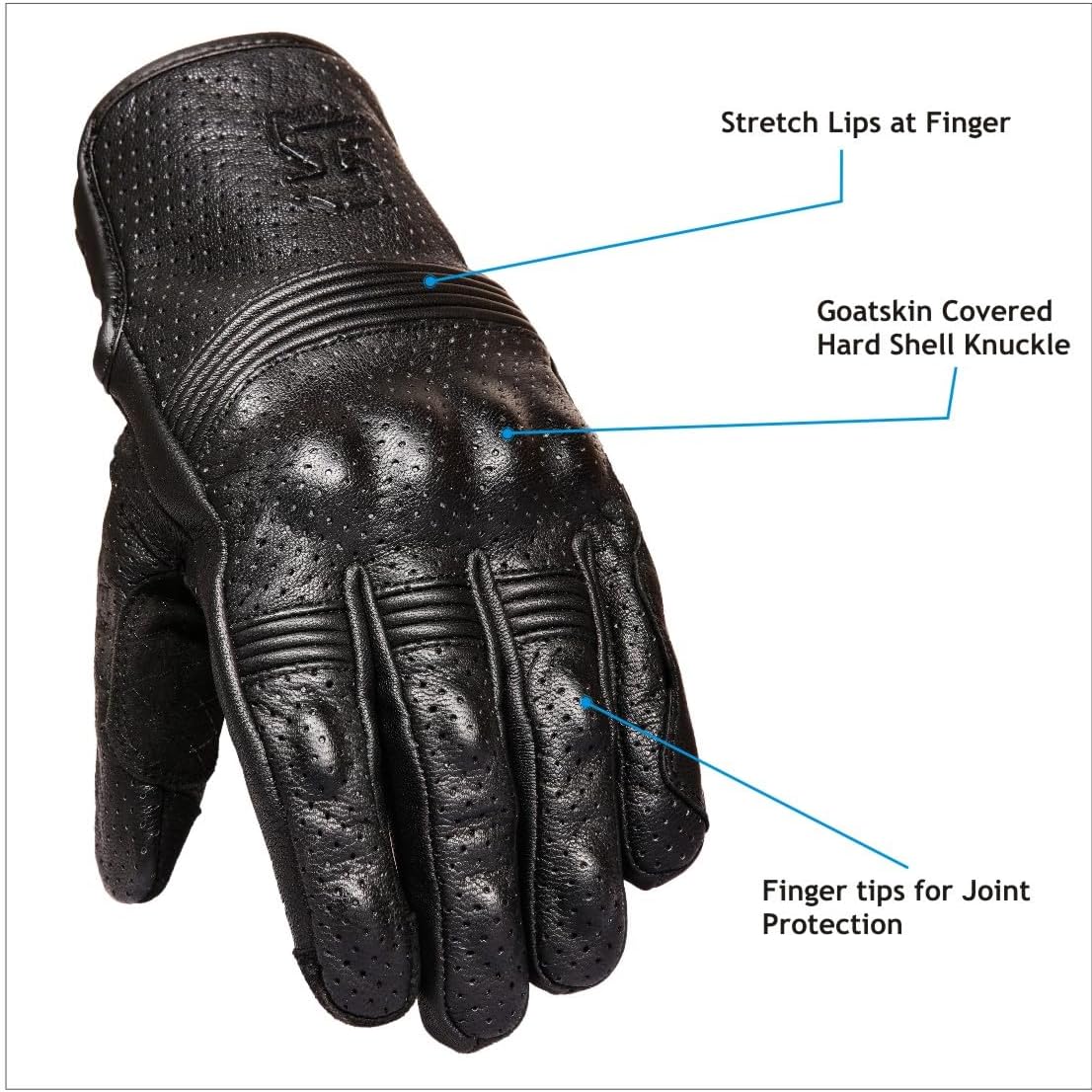 Leather Motorcycle Gloves for Men and Women | Touchscreen | Full Finger | Goatskin Leather Hard Knuckle Motorcycle Riding Gloves (Perforated, Large)