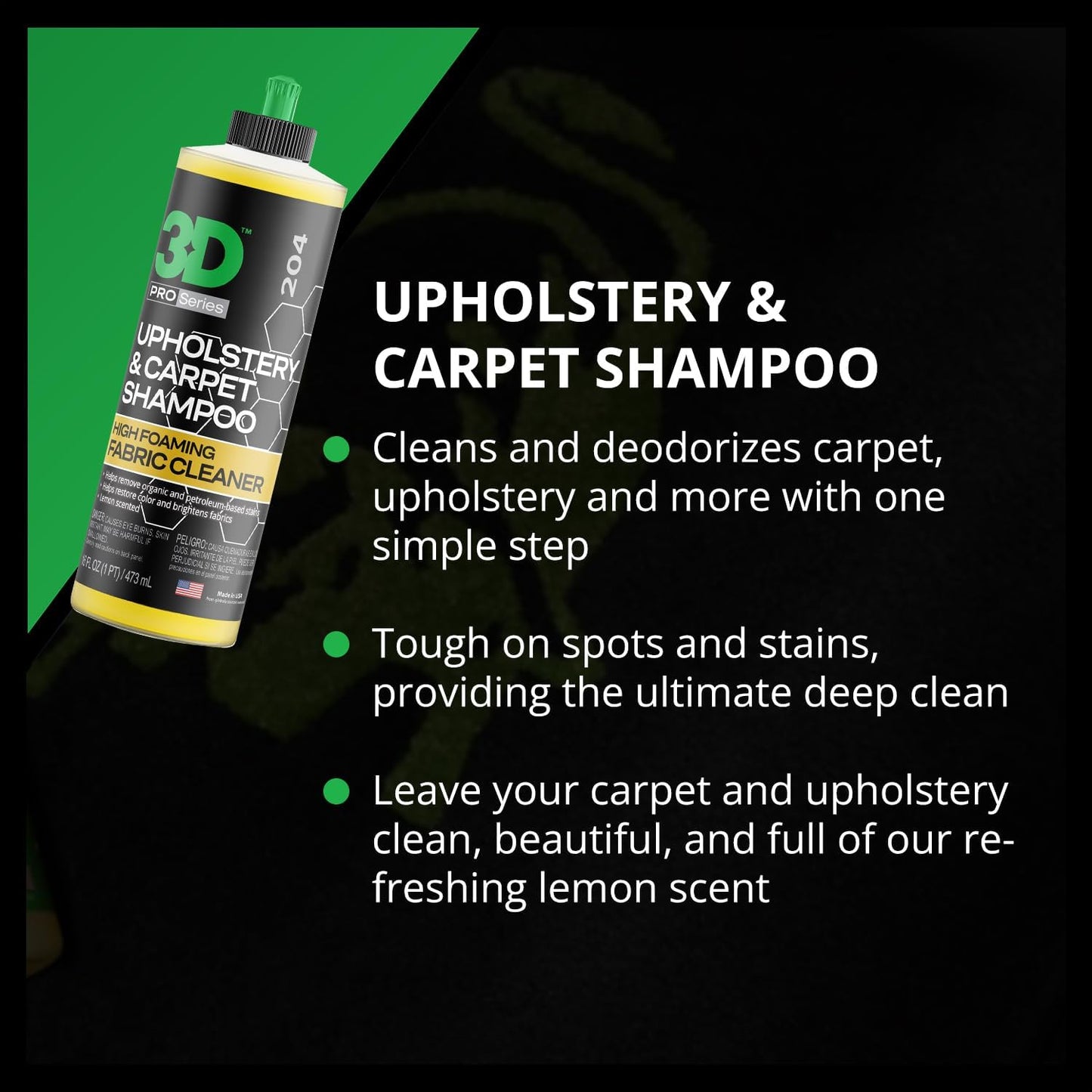 3D Upholstery & Carpet Shampoo - High Foam Stain Remover & Odor Eliminator Shampoo 16oz.