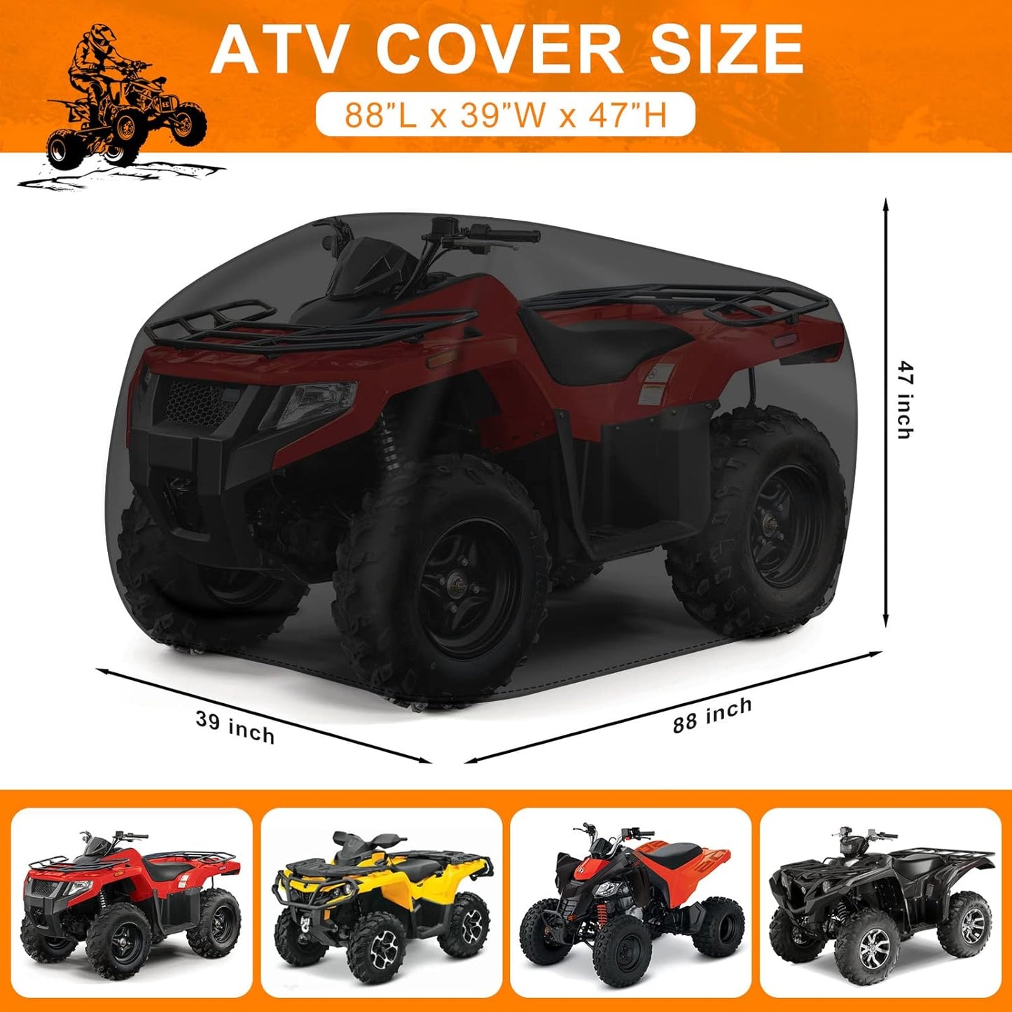 Comnova ATV Cover for 4 Wheelers - 88 Inch ATV Covers 600D Heavy Duty & Waterproof, Outdoor Four Wheeler Quad Cover All Weather Large for Polaris, Kawasaki, Arctic Cat, Honda, Yamaha and More