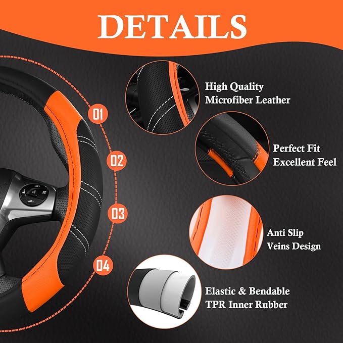 CAR PASS Leather Steering Wheel Cover and Waterproof Car Floor Mats,Microfiber Universal Car Combo Fit for 95% Sedan SUV Van Truck,14.5-15inch Sporty Anti-Slip Safety Comfortable Design, Black＆Orange