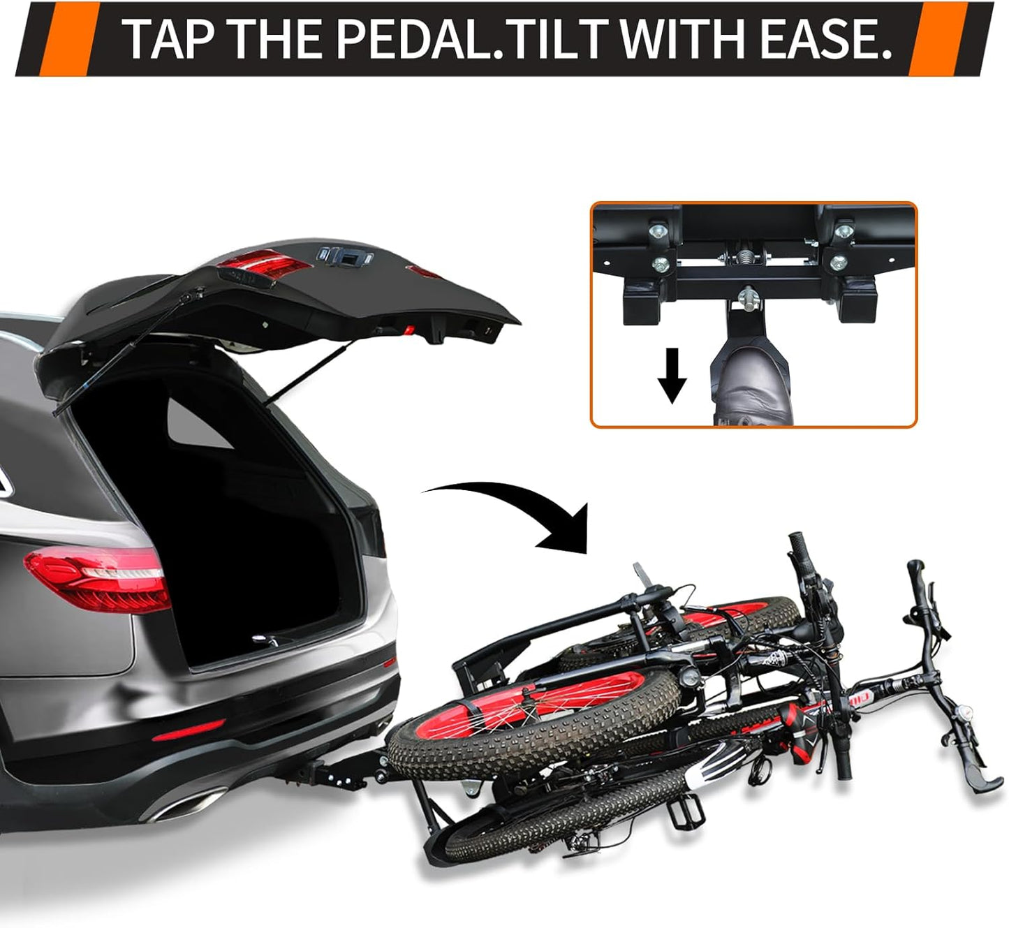 Foldable Electric Bike Rack Hitch Mount with Ramp for 2" Receiver, 2 Bike Rack for Car, Up to 4’’ Fat Tire, 136 lbs Capacity, with Locks, Tiltable, Wheels for Easy Transport