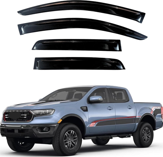 KPY Window Visor Compatible with Ford Ranger SuperCrew 2019-2024, 4PC Rain Guard Side Window Vent Deflectors Tape-On Style, 2019 2020 2021 2022 2023 2024