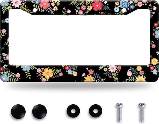 Colorful Flowers License Plate Frame Beautiful Floral License Plate Frames Stainless Steel Accessories Cars Decor with 2 Holes and Screws Fits Standard US CA Vehicles Size 12.2 x 6 Inches