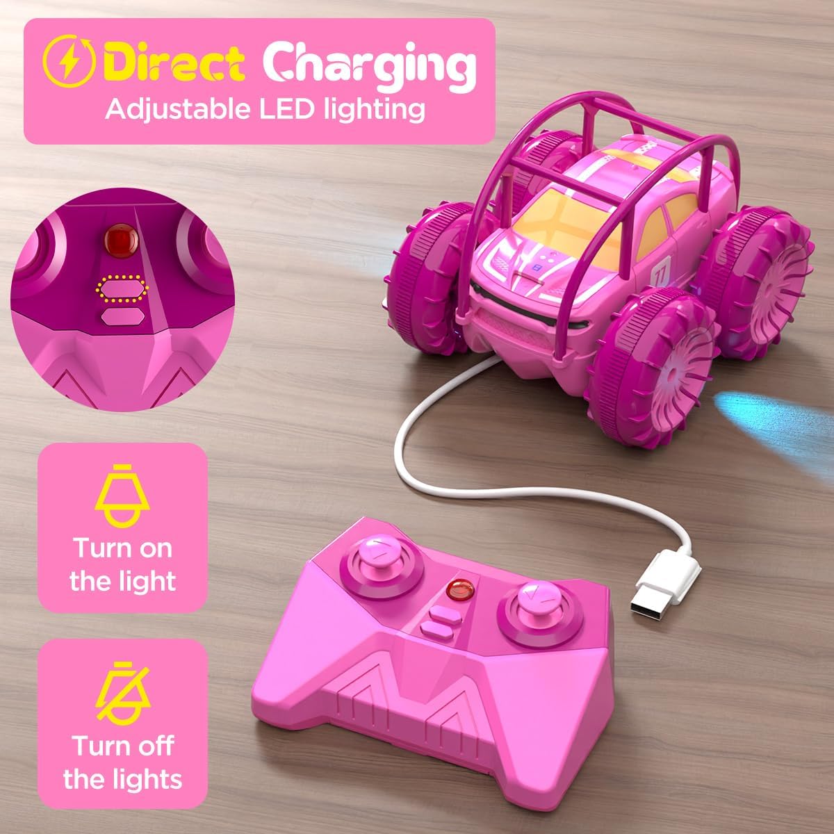 Remote Control Car, Fast Direct Charging RC Cars Amphibious 360° Rotating LED Rechargeable Stunt Car 2.4Ghz 4WD All Terrain RC Race Cars Toy Christmas Birthday Gift for Kids Boys Girls Aged 3-12 years