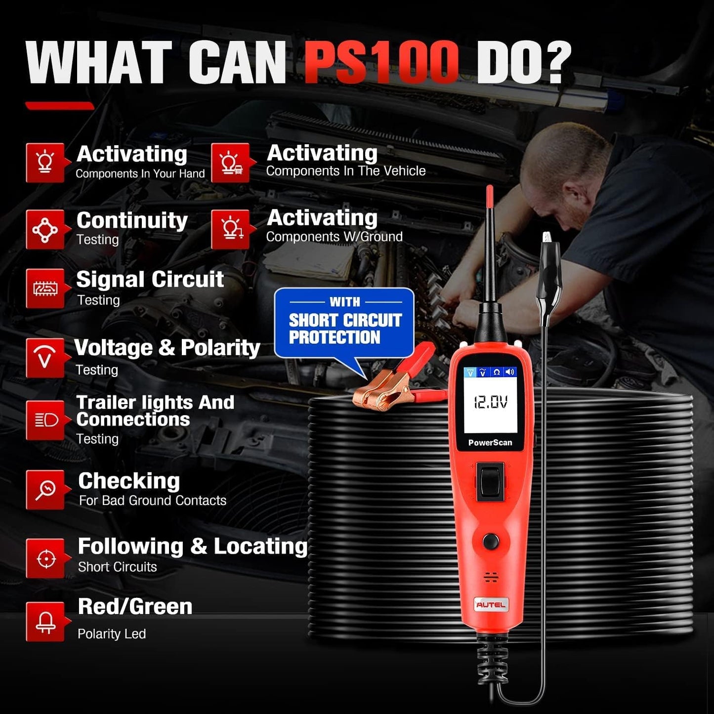 Autel PowerScan PS100 Power Circuit Probe Kit - 12V 24V Car Circuit System Diagnostic Tool, Automotive Circuit Tester with 20ft Extension Cable, Easy to Read AC/DC Current Resistance