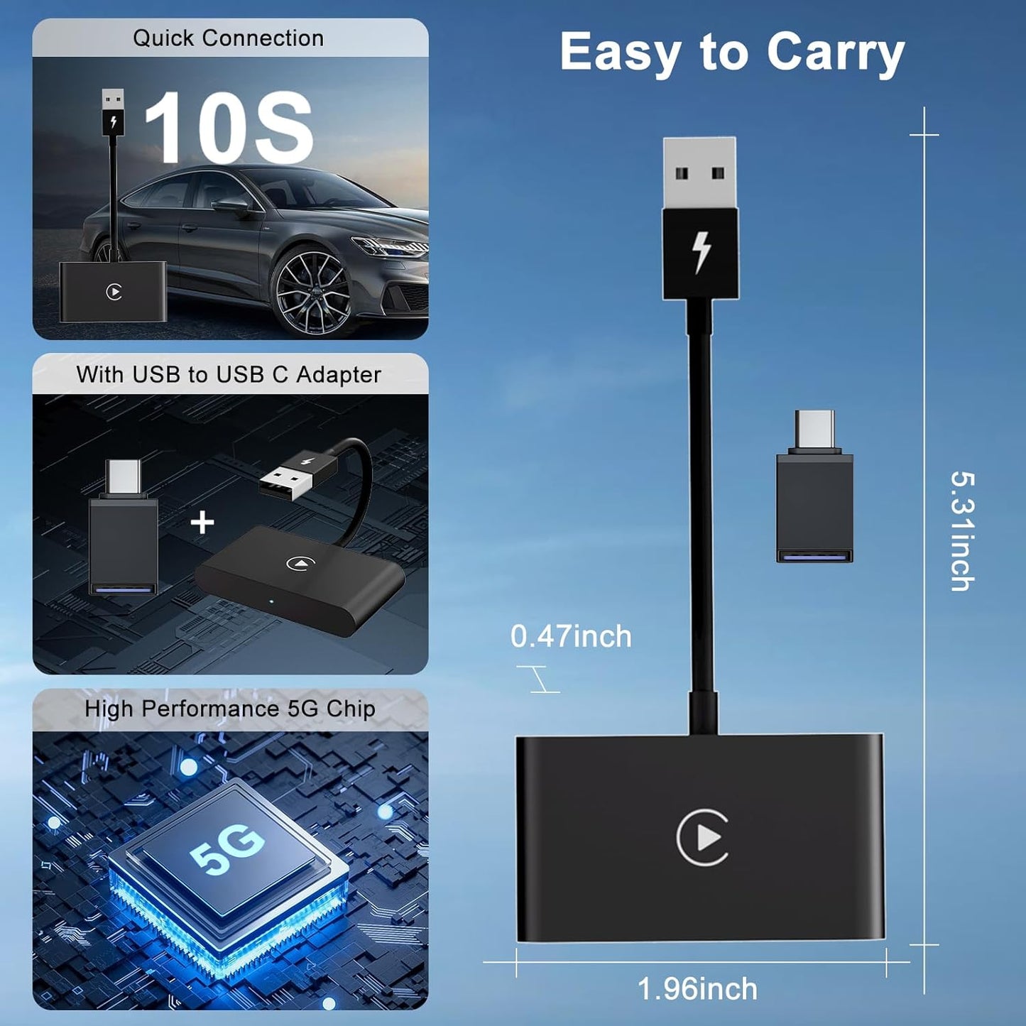 LXJADAP Wireless CarPlay Adapter 2025 Upgrade Wired CarPlay to Wireless, Plug and Play Easy Use Fast Stable Connection Car Play for iPhone