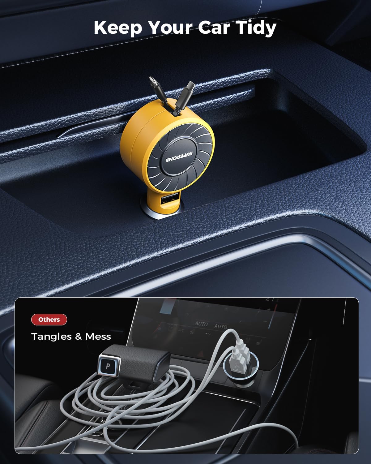 SUPERONE 3-in-1 Car Charger with Retractable Cords, USB C Charger Car Adapter Compatible with iPhone 16/15/14/13/12/11 Pro Max Samsung Android Phones