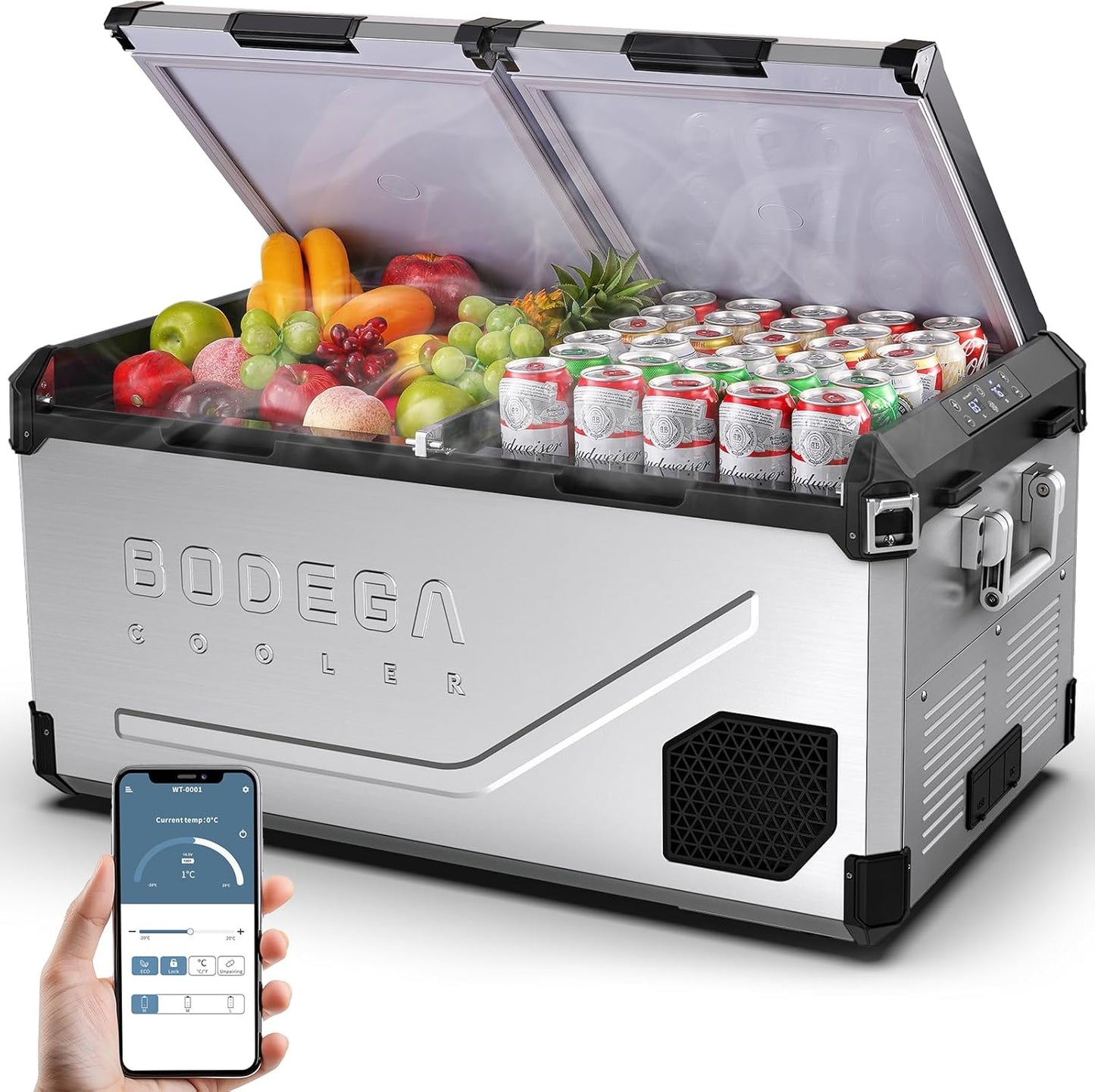 BODEGACOOLER 12 Volt Car Refrigerator, 100Quart (95L) Dual Zone Car Fridge APP Control, Portable Freezer, -4℉-68℉ RV Electric Cooler 12/24V DC &100-240V AC for Outdoor, Camping, Travel