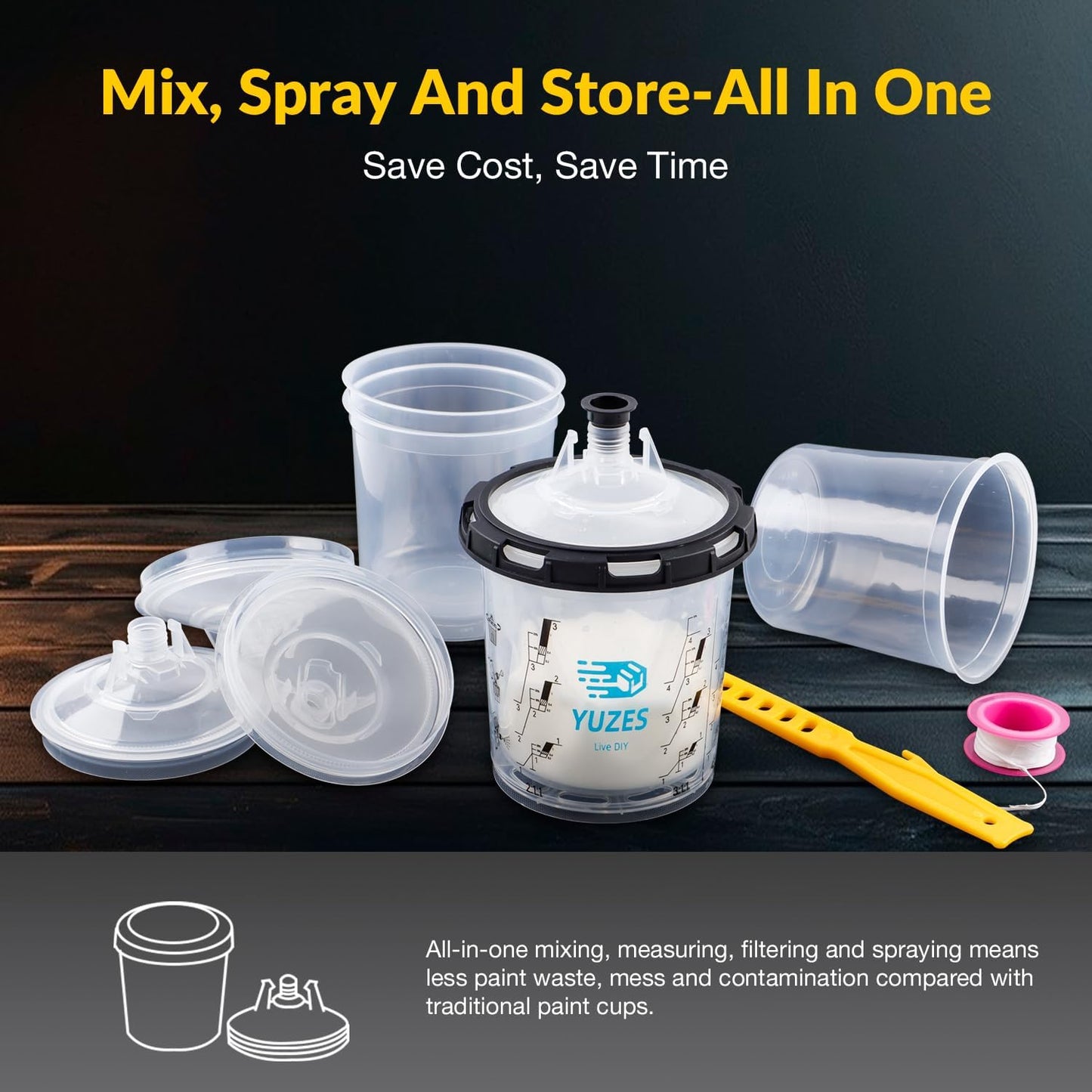 YUZES Disposable Paint Cups for Spray Gun 20 Ounce (600ml), 50 Disposable Paint Cup with Lids, 2 Hard Mixing Cups with Retainer Ring, 20 Plugs, PTFE Tape, Stirrer, for LVLP HVLP Spray Gun