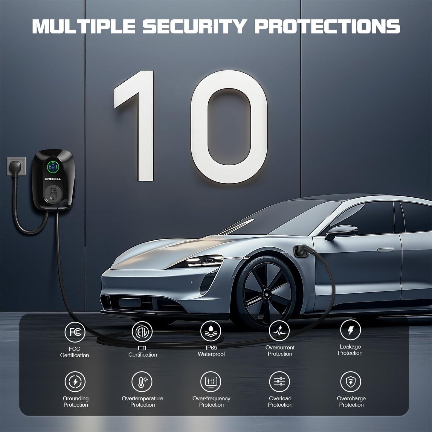 GRECELL Level 2 EV Wall Charger, ETL Certified 48A 11KW 240V J1772 Charger Bluetooth & WiFi Enabled, Electric Car Fast Wall Charging Station, Electric Car Charger with 25FT Cable and NEMA 14-50 Plug