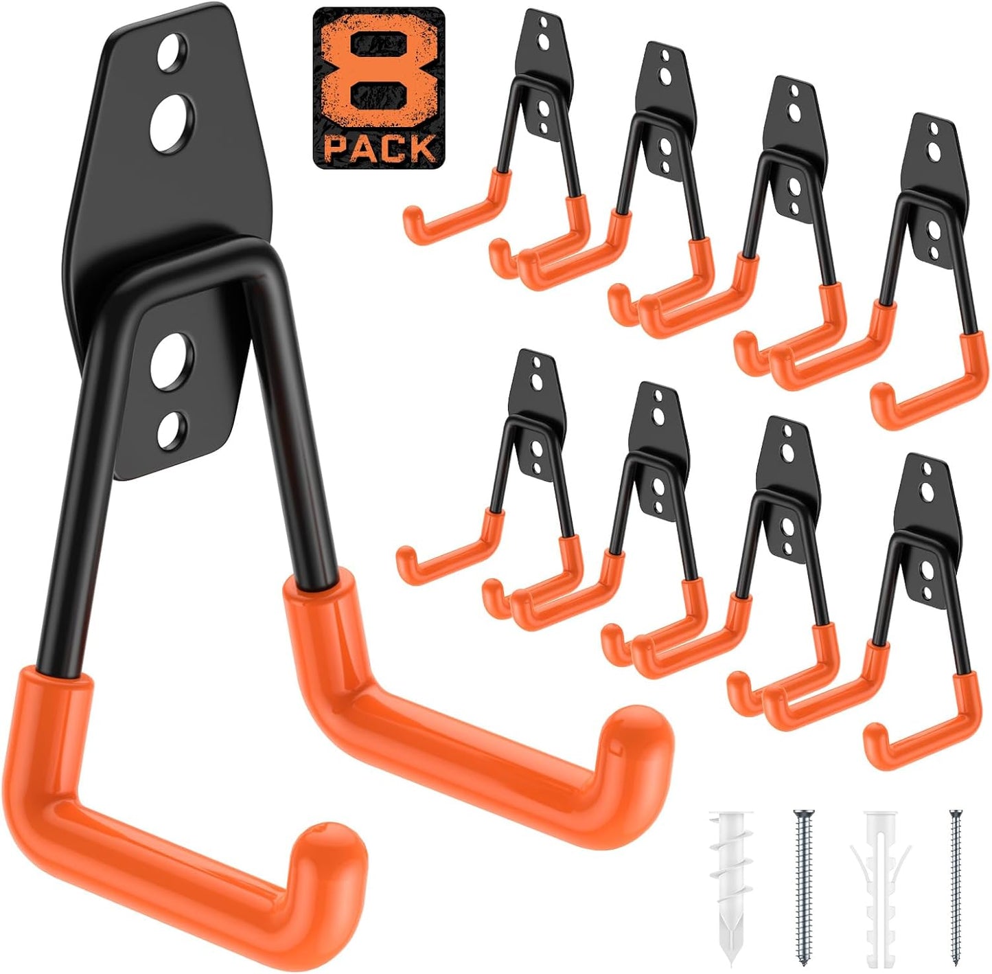 8 Pack 4.5x2.75 Inch Utility Steel Wall Mount Heavy Duty Garage Hooks with Anti-Slip Coating,Storage More Yard,Garden and Power Tools and for Hanging Hose,Ladder and Bike