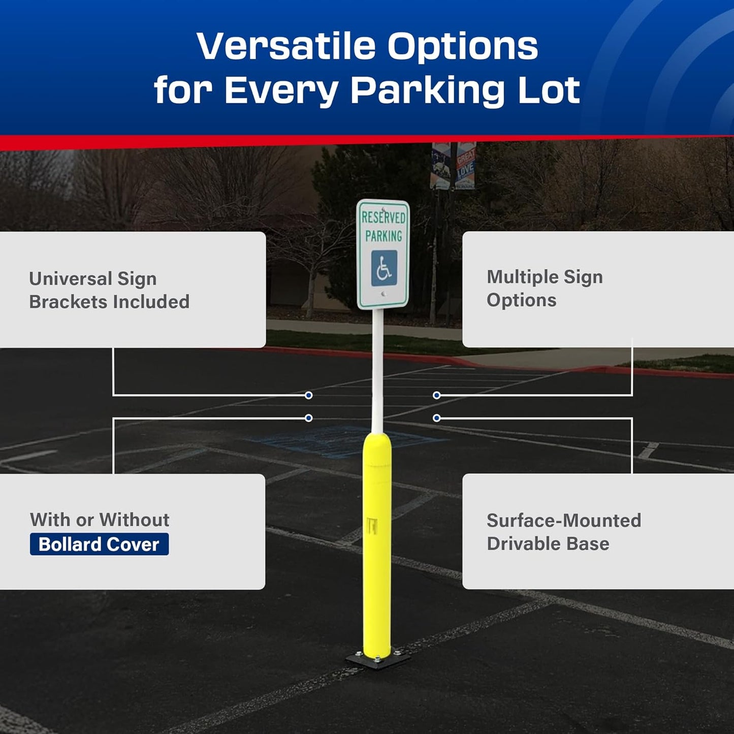 Impact Recovery - Sta-Rite Flexible Sign Post - Sign Holder - Handicap Parking Signs - Made in the USA - 102” with Yellow Bollard - Reserved Parking Signage