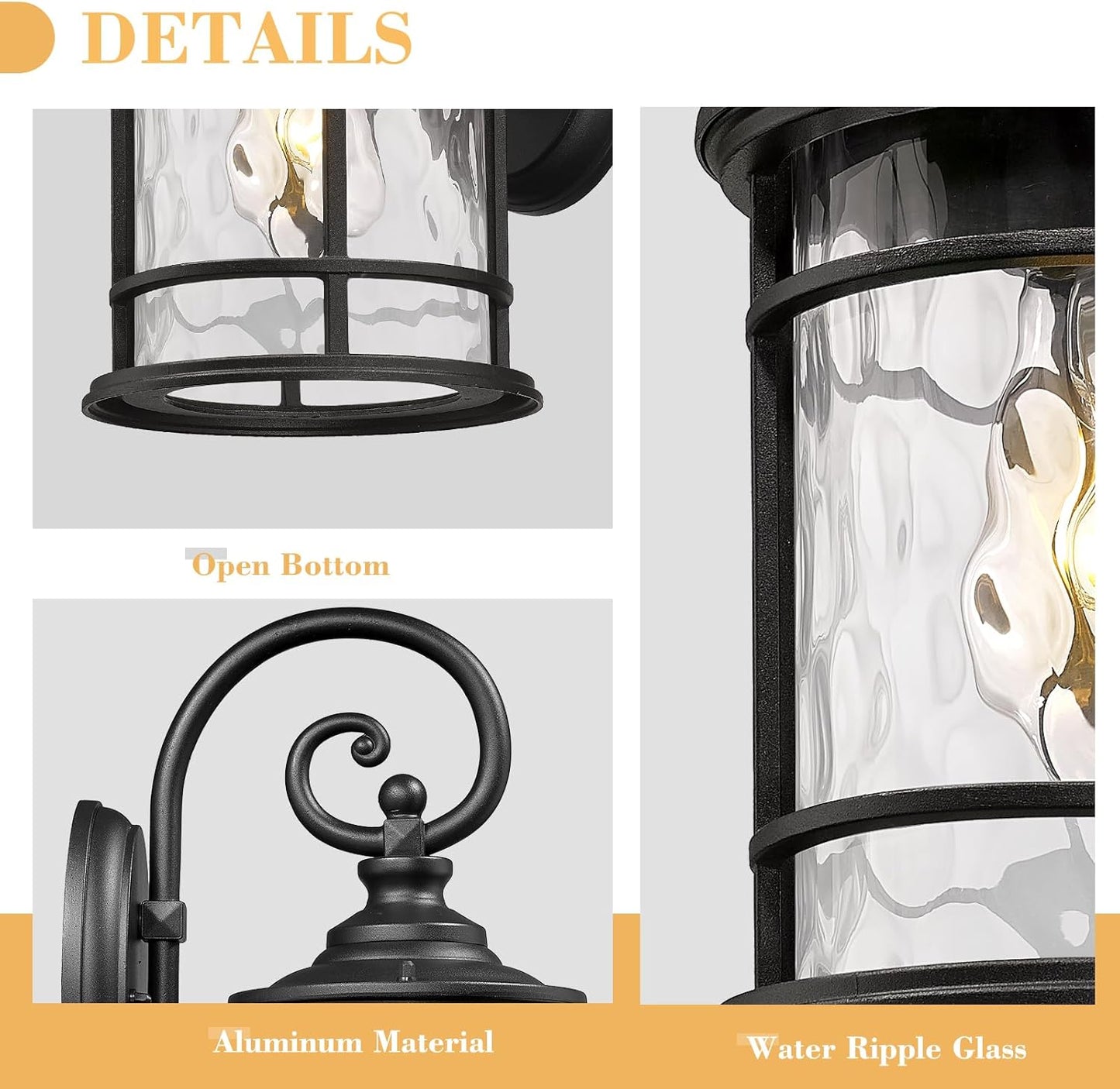 Emliviar Outdoor Lights for House, Outdoor Sconce Lights with Water Ripple Glass in Black Finish, XE229BWG-S BK