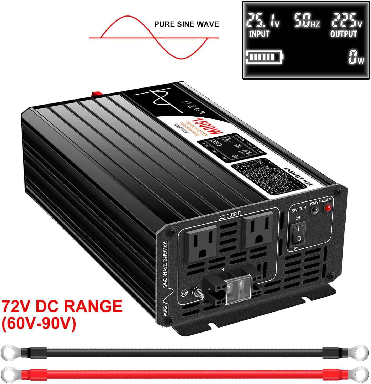 Xijia 1500W (Peak Power 3000W) Pure Sine Wave Inverter DC 72V to AC 120V 60HZ Solar Converter for Home Use car (DC72V (Range 60V-90V) 1500W)