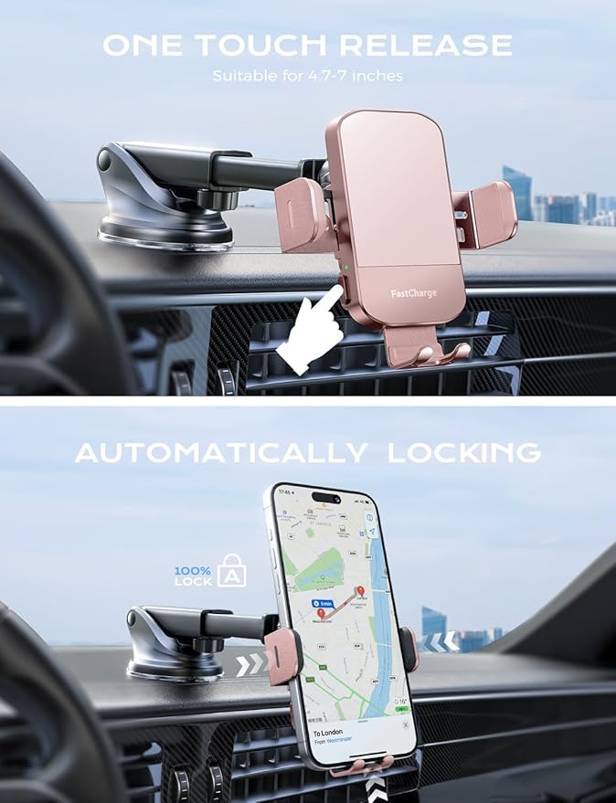 CHGeek Wireless Car Charger, 15W Fast Charging Auto Clamping Car Charger Phone Mount Phone Holder fit for iPhone 15 14 13 12 11 Pro Max Xs, Samsung Galaxy S25 Ultra S24 S23 S22, S21, S20, Pink