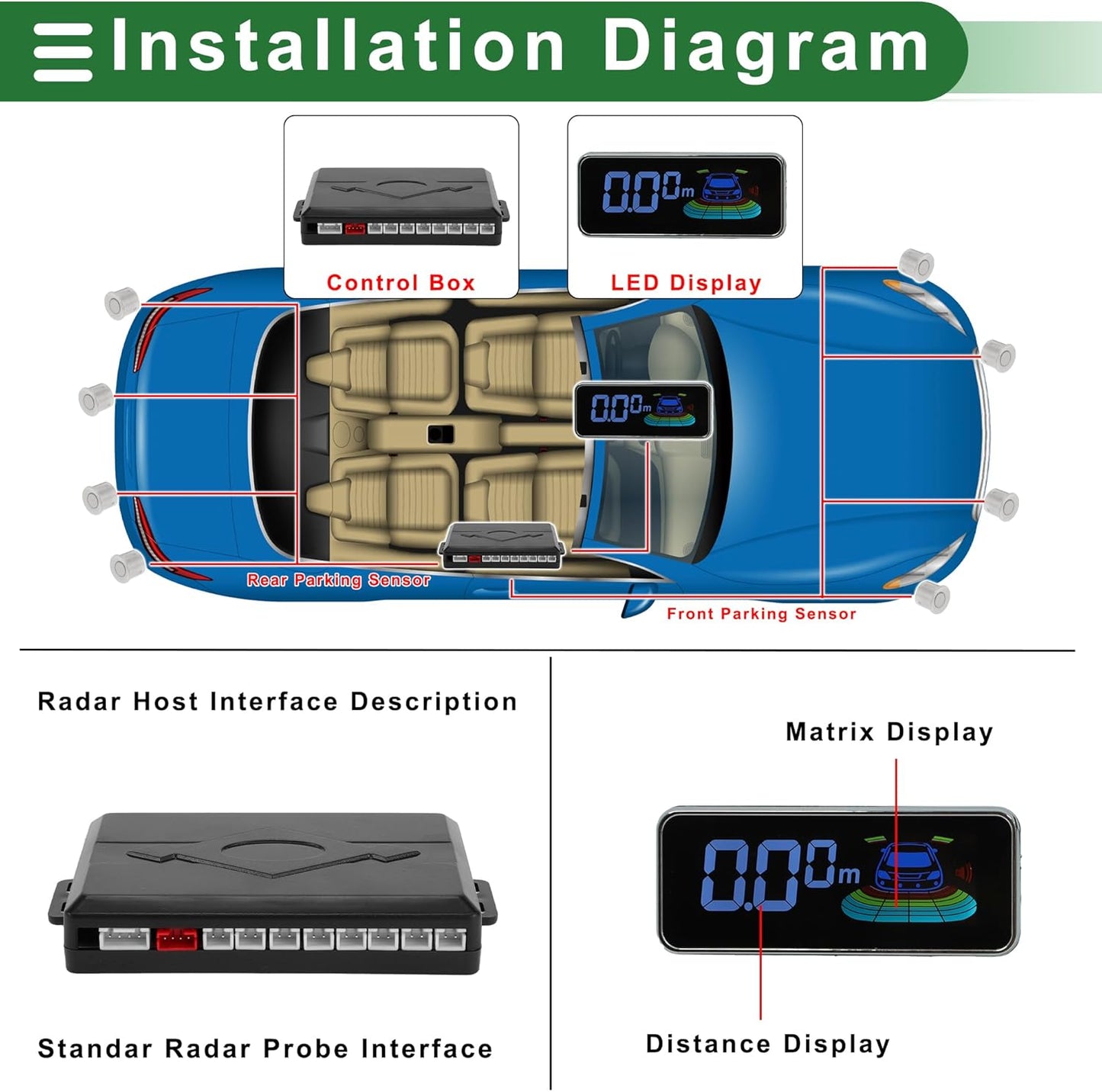 Motoforti Auto Vehicle Reverse Backup Radar System Reverse Parking Sensors Sound Warning Alarm Buzzer Reminder Distance Detection Silver Tone 8 Parking Sensors