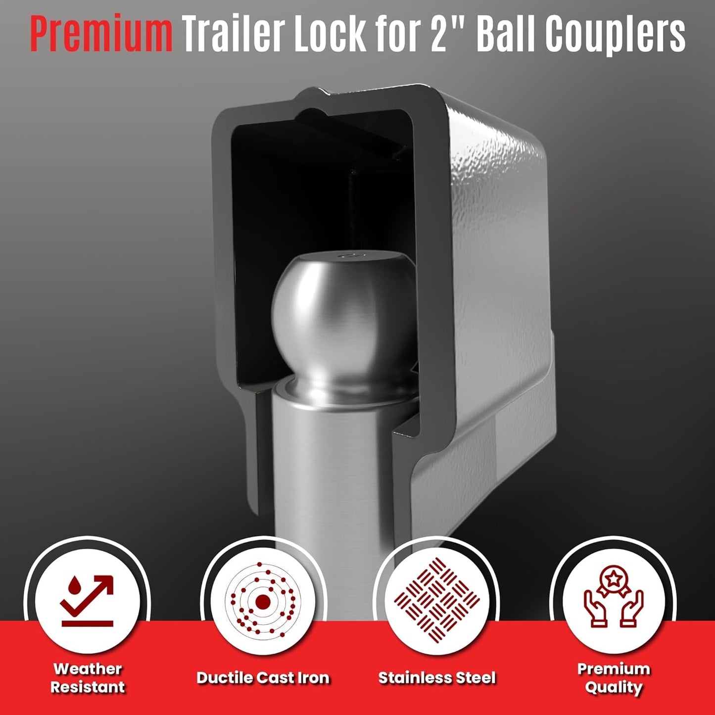 AMPLock - U-BRU2 2" Heavy Duty Ball Coupler Lock - Square Edge Design - Patented Boat Travel Trailer Hitch Locks, 2-Parts Anti Theft Trailer Hitch Lock - RV Accessories, Push & Locking System