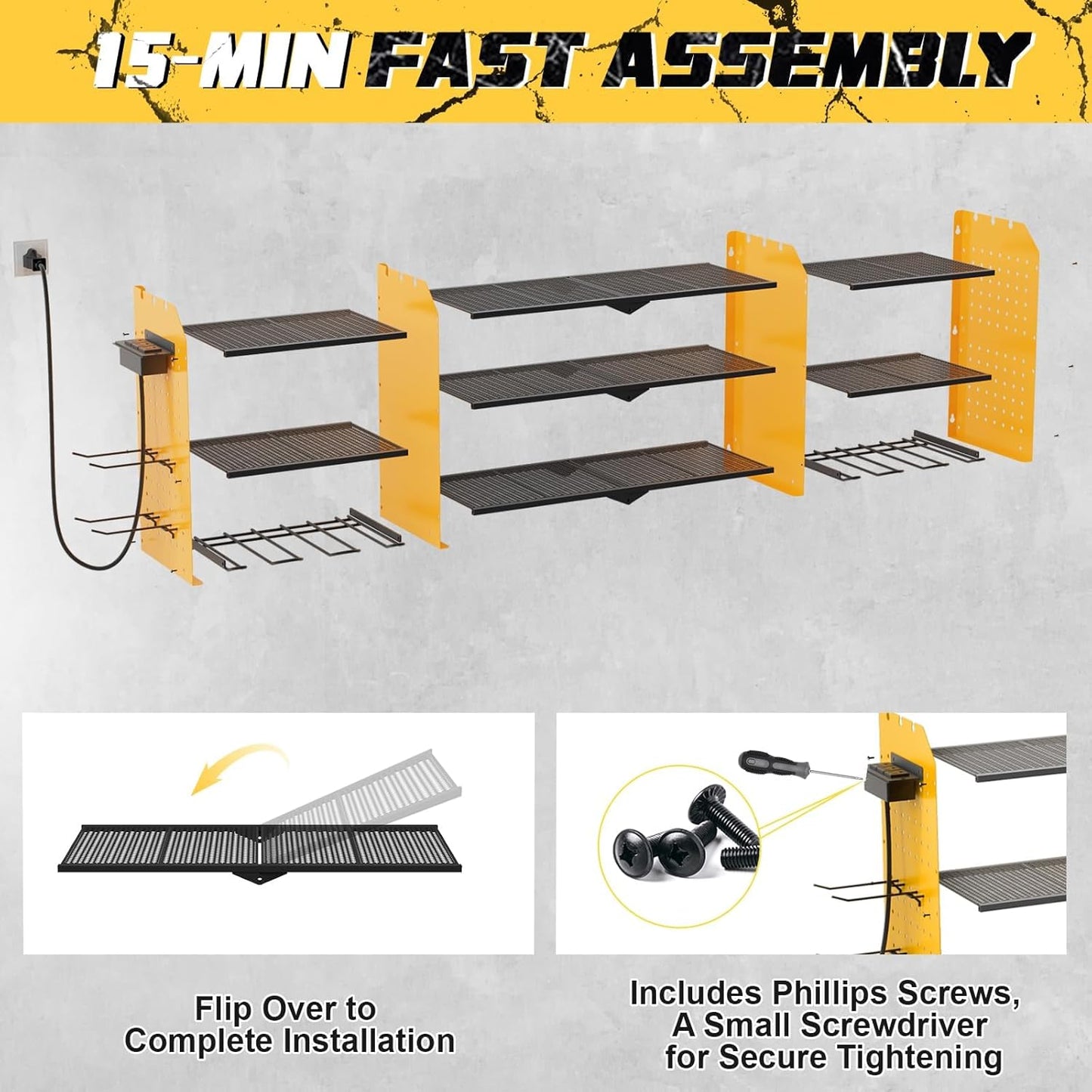 Power Tool Organizer Wall Mount with Charging Station, 45.5" Garage Organization Wall Mounted, 3 Layers Electric Cordless Drill Holder with Outlet Power Strips, Garage Tool Storage for Impact Wrenches