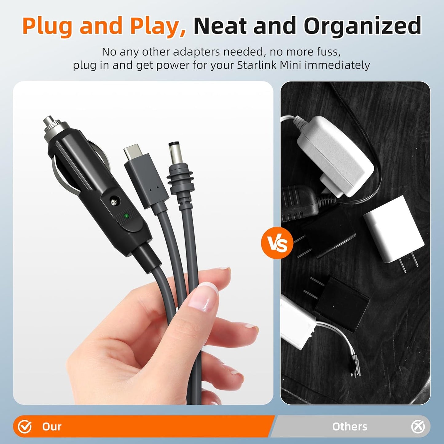 Starlink Mini Power Cable 10FT, 3-in-1 USB-C to DC Car Power Cord, Cigarette Lighter Adapter Cable 100W 12-24V Waterproof Barrel Jack for Starlink Mini