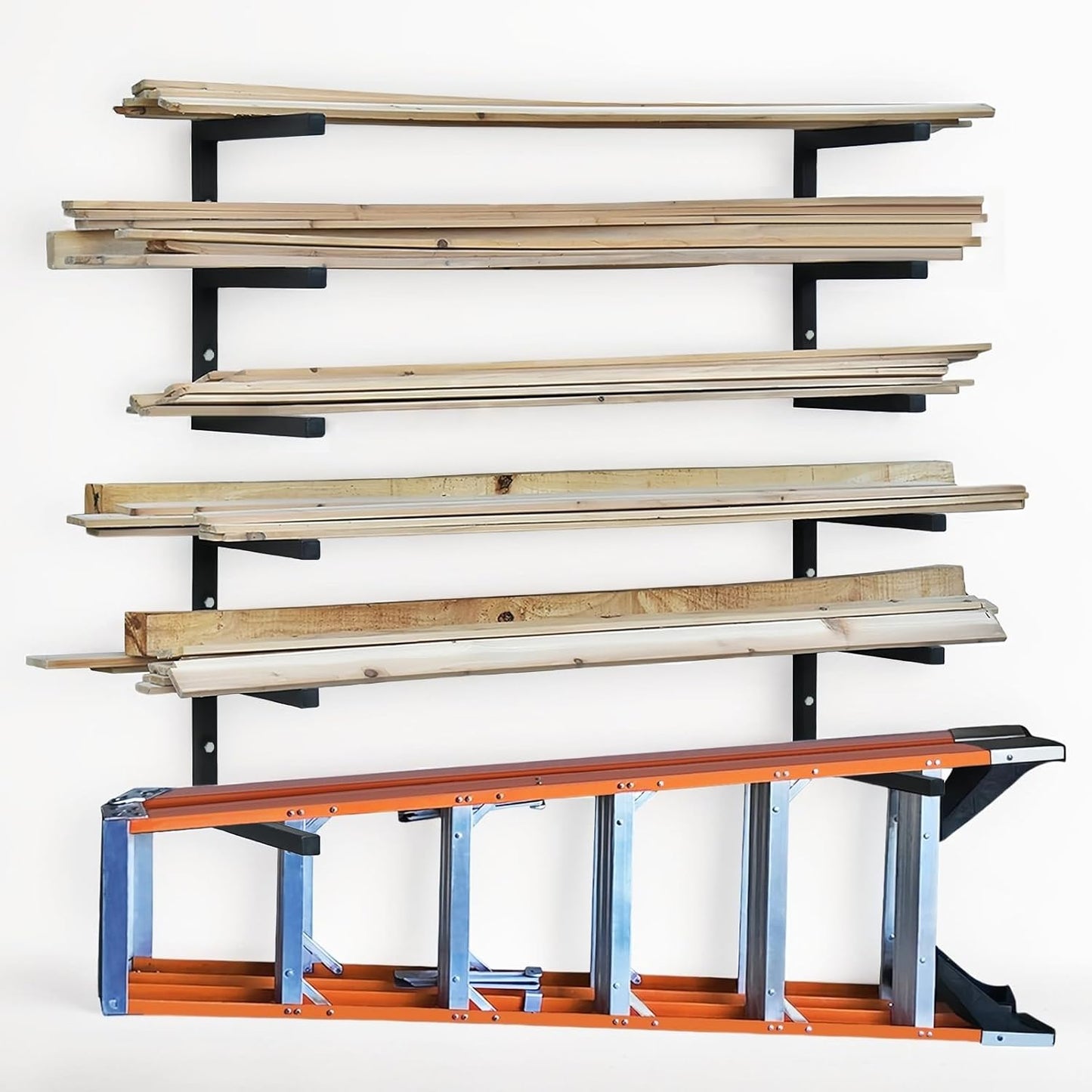 Wood Storage Racks with 3 Level, Garage Organizer Lumber Storage Rack Wall Mounted, Workshop Organizers Wood Wall Shelving, Lumber Metal Racks for Garage, Basement, Indoor and Outdoor (Black-4 Pack)
