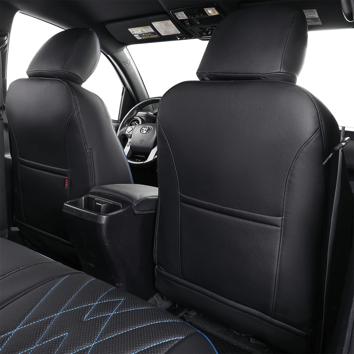 EKR Custom Fit Tacoma Car Seat Covers for Select Toyota Tacoma 2024 2025 Xtra Cab SR -Full Set,Leather (Black with Blue Trim)