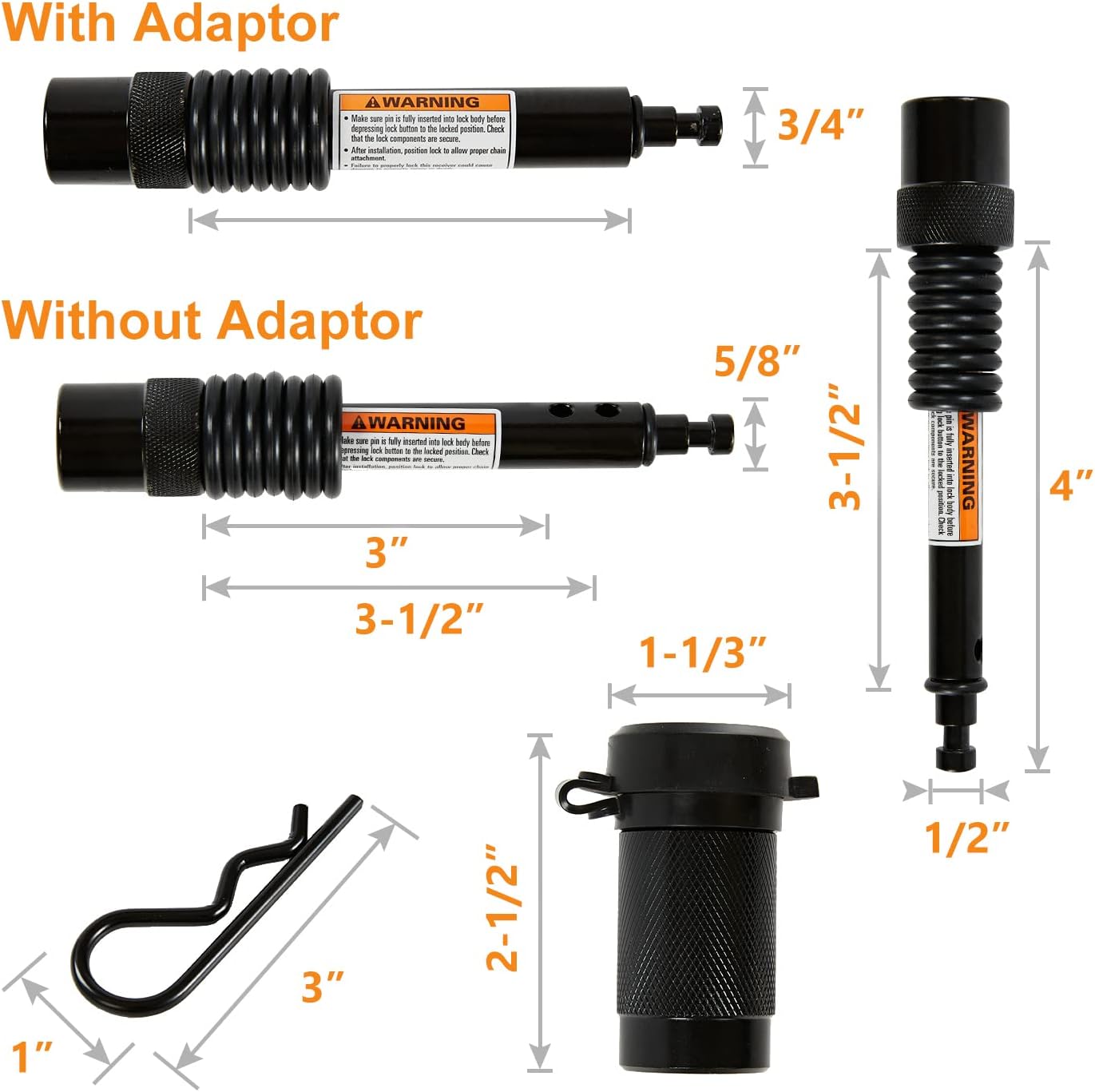 Trailer Hitch Lock Set, Solid Locking Hitch Pin with 5/8" and 1/2" Dia, 4" Long Span with Extra 3/4" Dia Adaptor Fits Class I-V Receivers for Trailer Truck Car and Boat Receiver Lock