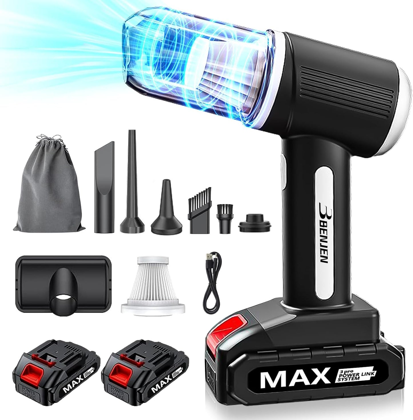 BENJEN Portable Vacuum Cleaner for Car, Cordless Handheld Car Vacuum 16000PA High Power with Brushless Motor, Two Batteries Long Endurance, Mini Vacuum Cleaner for Home, Office, Pet