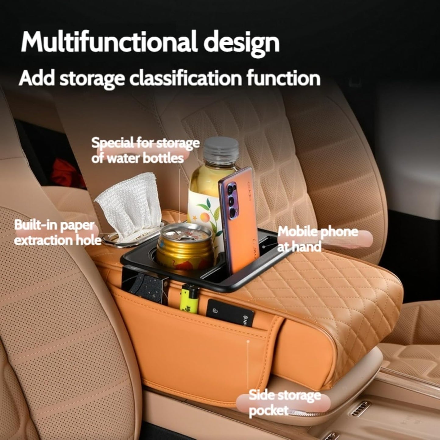 Car Center Console Cover Booster Multifunctional Car Center Console Cushion Pad with Cup Holder & Tissue Box & Side Pockets Arm Rest Cover for Car, Quilting, Black