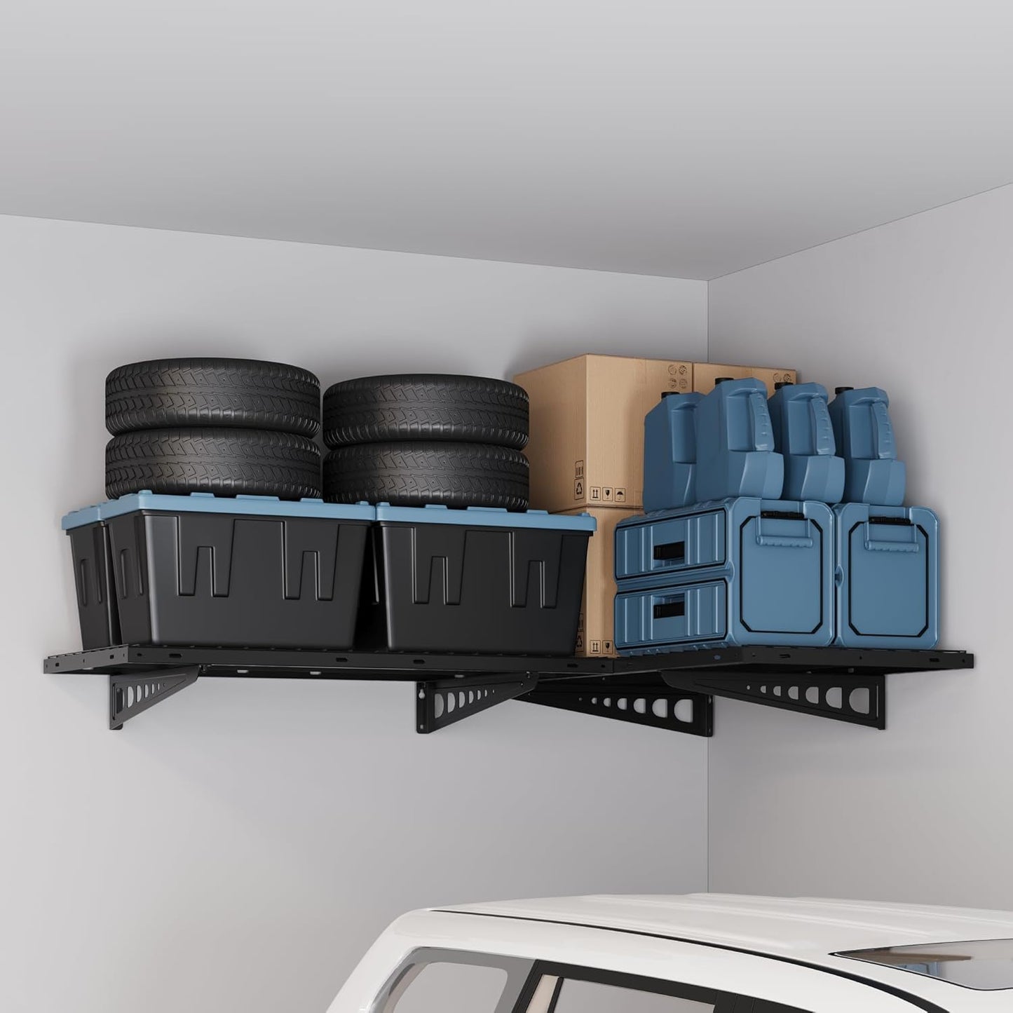 FLEXIMOUNTS 2 Pack 2x4ft Corner Wall Shelving Garage Storage Rack, 24x48 inch Floating Shelves, 440lbs Total Weight Capacity, Black