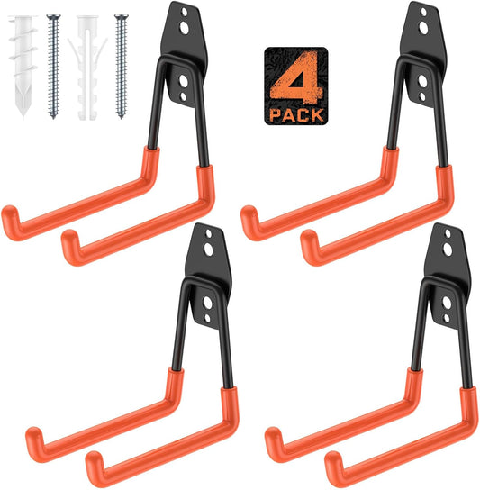 4 Pack 5.2x5.1 Inch Utility Steel Wall Mount Heavy Duty Garage Hooks with Anti-Slip Coating,Storage More Yard,Garden and Power Tools and for Hanging Hose,Ladder and Bike