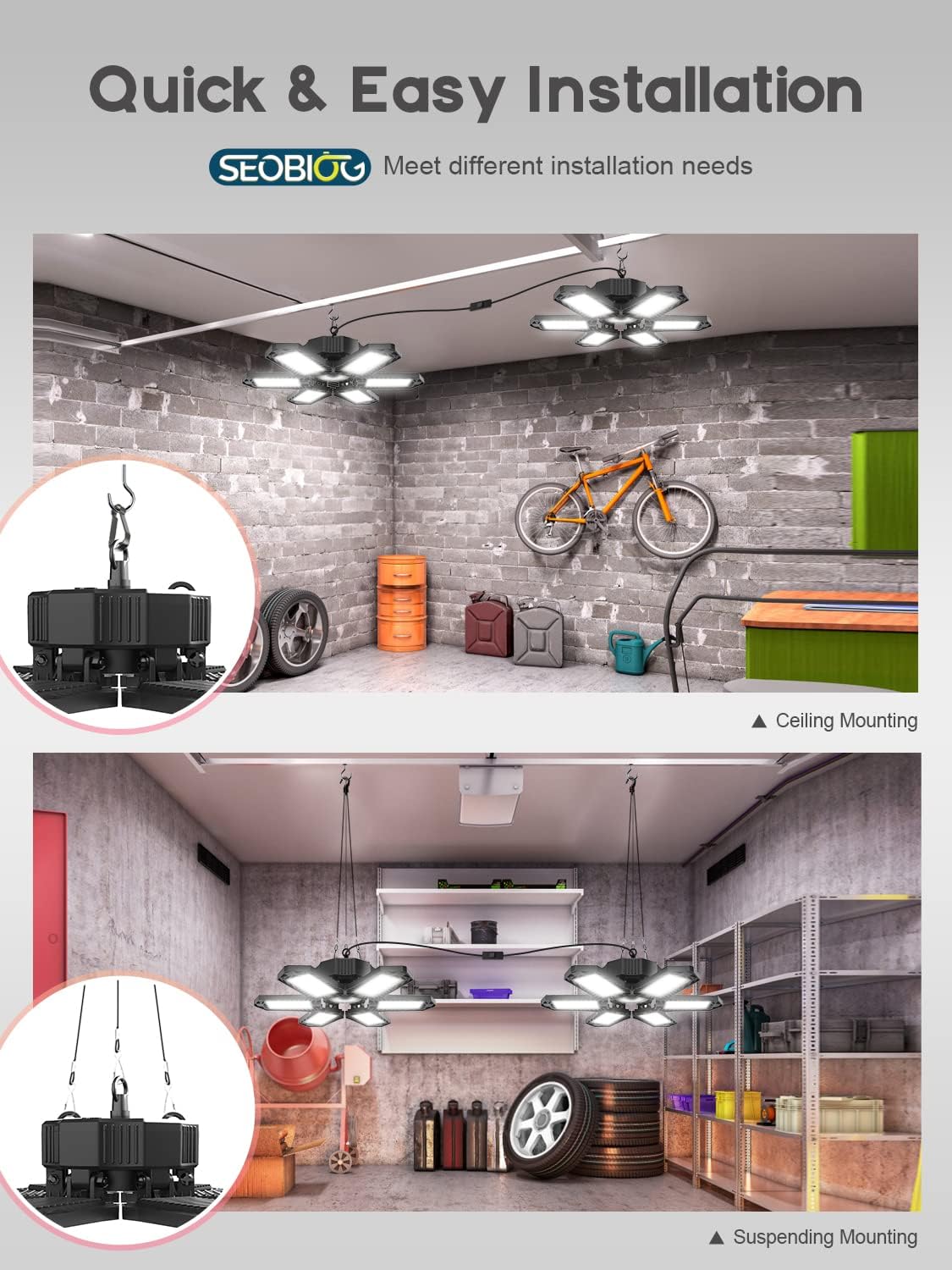 SEOBIOG Plug in Garage Light, 200W 20000LM Linkable Shop Light with On/Off Switch, 6500K Hanging LED Lights with 9.84ft Power Cord and US Plug, for Garage, Workshop,Work Bench