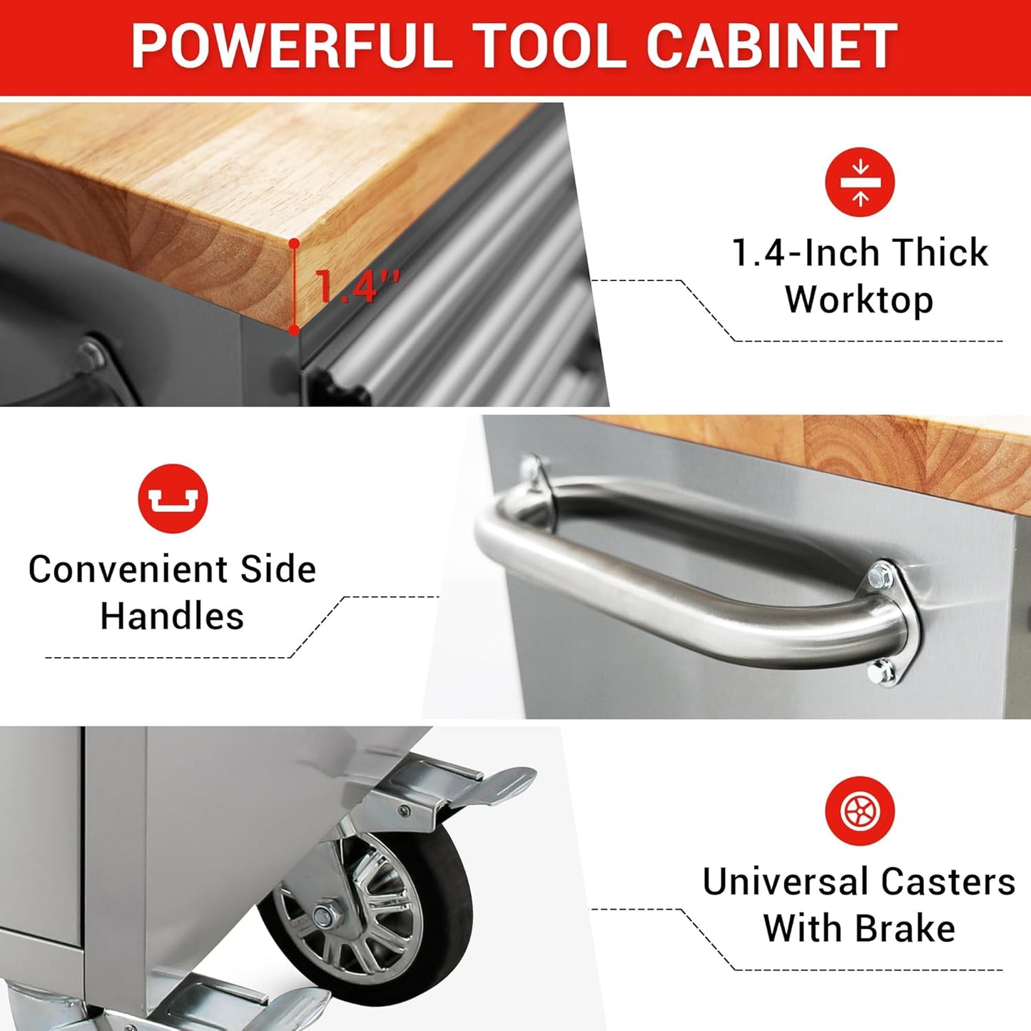 CT Copper Tailor 72-inch Rolling Tool Chest with 15 Drawers and Wheels, Mobile Garage Workbench, Large Tool Box Storage Tool Cabinet with Wood Top for Workshop,Stainless Steel