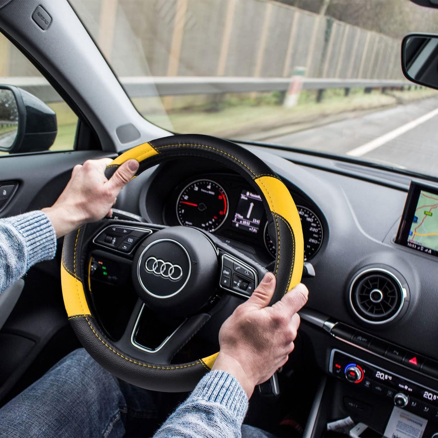 Leather Car Steering Wheel Cover, Non-Slip Car Wheel Cover Protector Breathable Microfiber Leather Universal Fit for Most Cars (Black&Yellow)