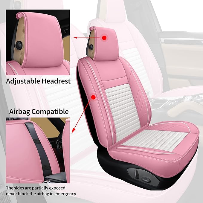 AOOG Pink Leather Car Seat Covers, Leatherette Automotive Seat Cover for Cars SUV Pick-up Truck, Universal Non-Slip Car Seat Cover Waterproof Protectors Interior Accessories, Full Set Pink