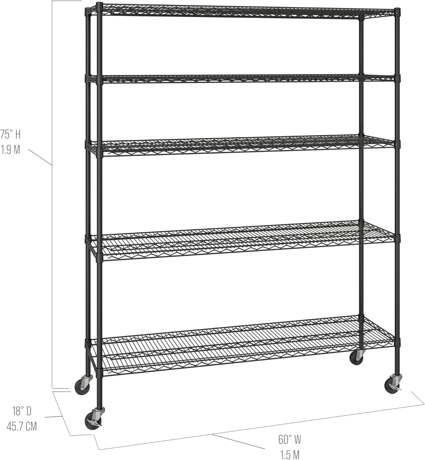 Seville Classics UltraDurable Heavy Duty NSF Solid Steel Wire Rack Storage Unit, Organizer for Garage, Warehouse, Office, Restaurant, Classroom, Kitchen, Black, 5-Tier Shelving, 60" W x 18" D