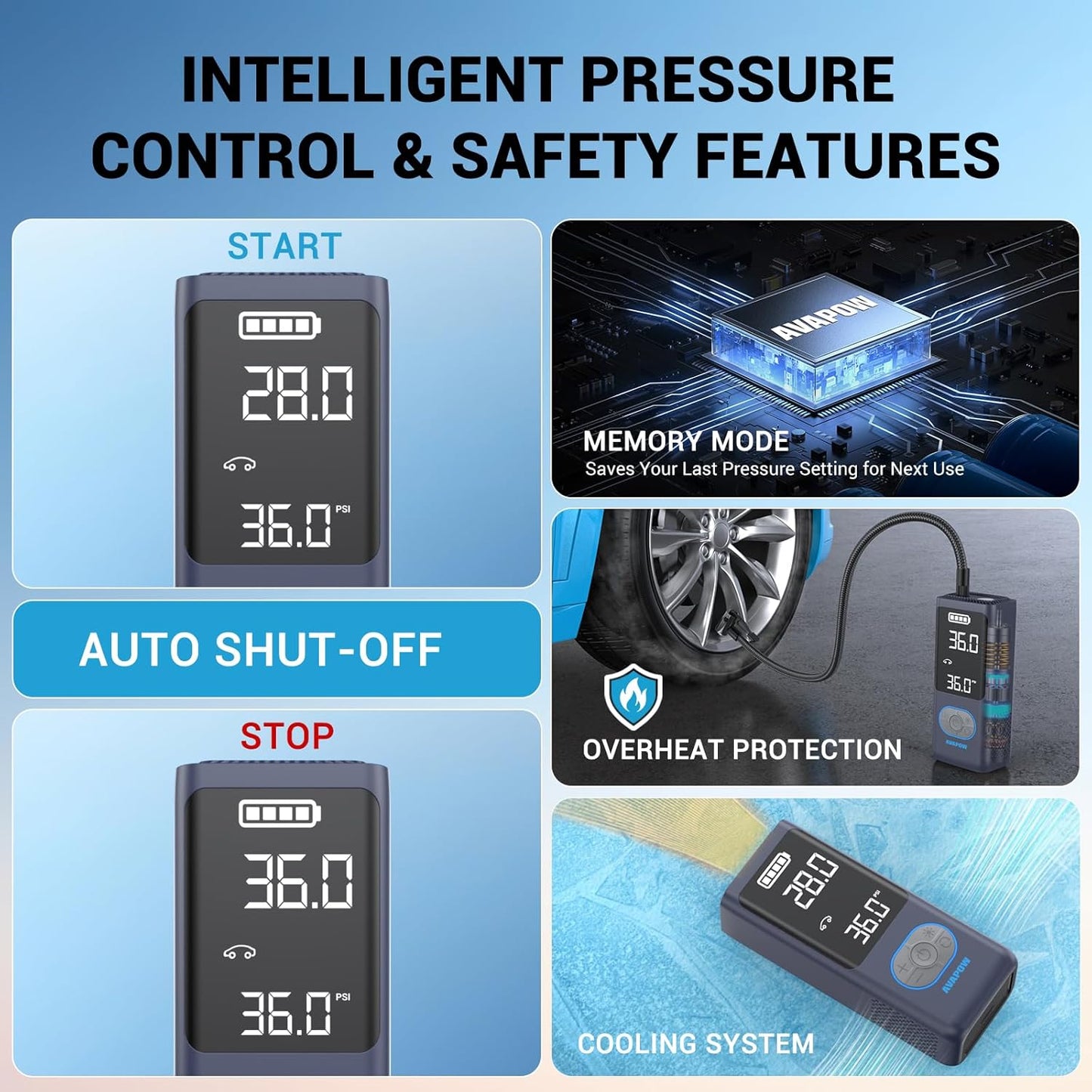 AVAPOW AP18 Tire Inflator Portable Air Compressor, 300% Faster 150 PSI Cordless Air Pump with Tire Pressure Gauge, 3.7″ Dual LCD Screen, Auto-Shuts Off Tire Pump for Car, Motorcycle, Bicycle, Purple