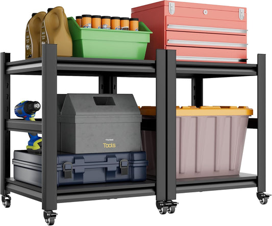 2 Sets Garage Shelving with Wheels and fences Unit 2 Tier Heavy Duty Storage Shelves Easy Assembly Adjustable Metal Steel Utility Shelf Rack Garage Storage Organize for Tools Basement,Warehouse