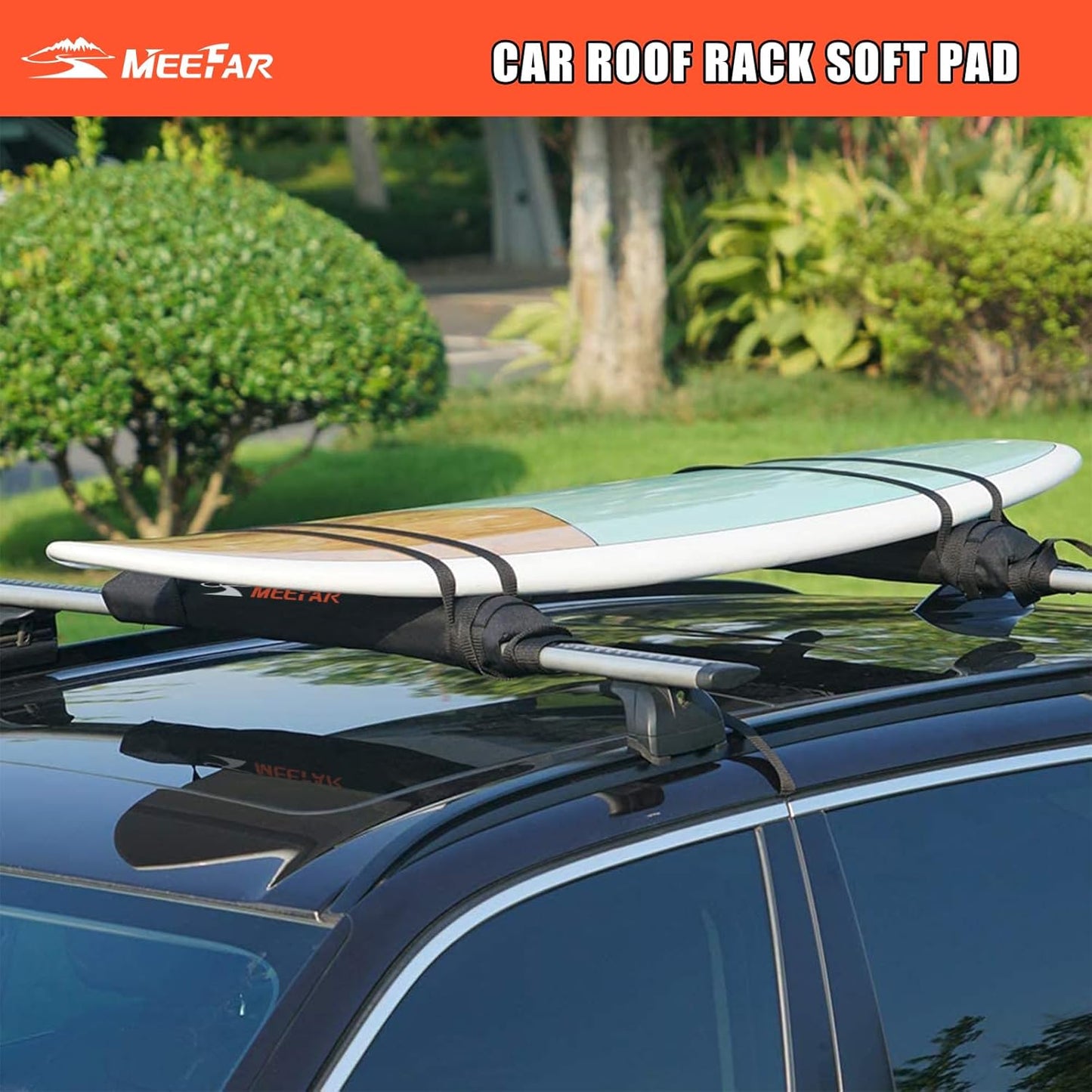 Universal Car Soft Roof Rack Pads Luggage Carrier System for Kayak Surfboard SUP Canoe Include 2 Heavy Duty Tie Down Straps, 2 Tie Down Rope, 2 Quick Loop Strap (Use with Crossbar)