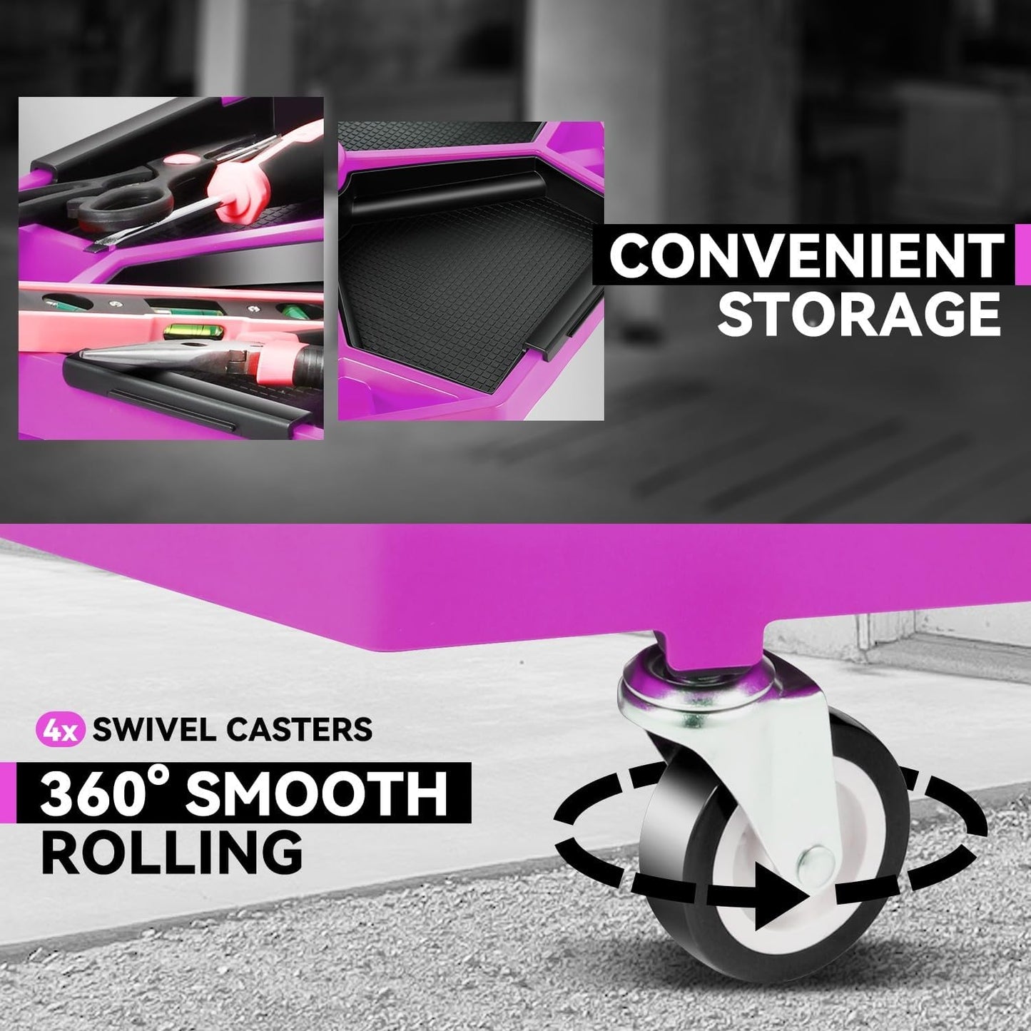 Auto Dynasty Mechanic Stool, Adjustable Rolling Pneumatic Creeper Garage Shop Seat with Tool Tray, 300 LBS Roller Seat for Workshop Auto Repair, Adjustable Height 15.7" to 21", Purple