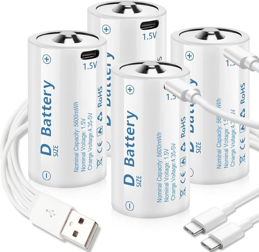 D Cell Batteries 4 Pack,Lithium D Batteries 5600mWh, Rechargeable D Batteries with USB-C 4 in 1 Charging Cable, 1.5V D Cell Battery for Flashlight Toys & floodlight