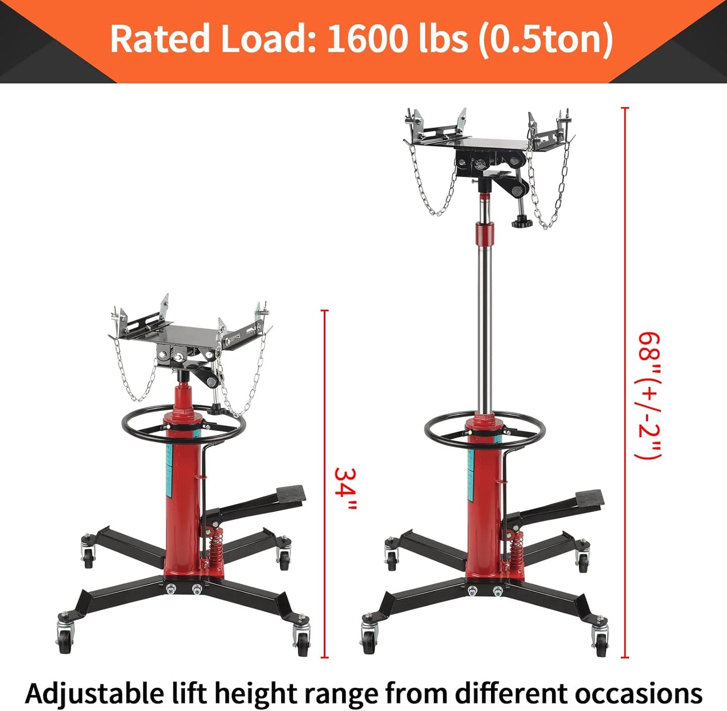 1600Lbs 2 Stage Hydraulic Transmission Jack Stand Telescoping 34" - 70" Adjustable Height with Foot Pedal 360 Degree Swivel Wheel Lift Hoist for Car Lift Garage Shop Floor
