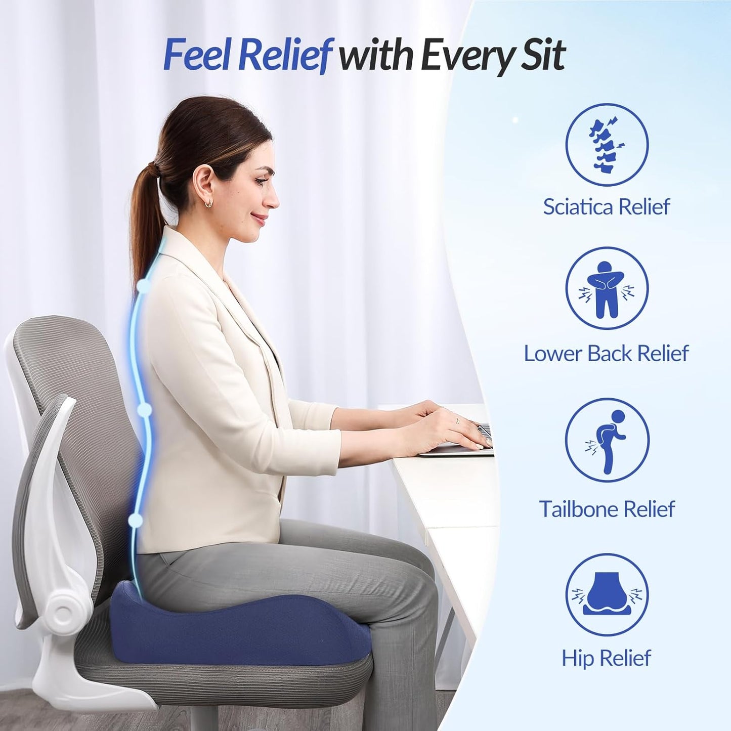 ZIKEE Pioneering Seat Cushion for Pressure Relief, Ergonomic Office Chair Cushion for Sciatica, Back, Hemorrhoids & Tailbone Pain Relief, High-Density Memory Foam Car Seat Cushion with Anti-Slip Base
