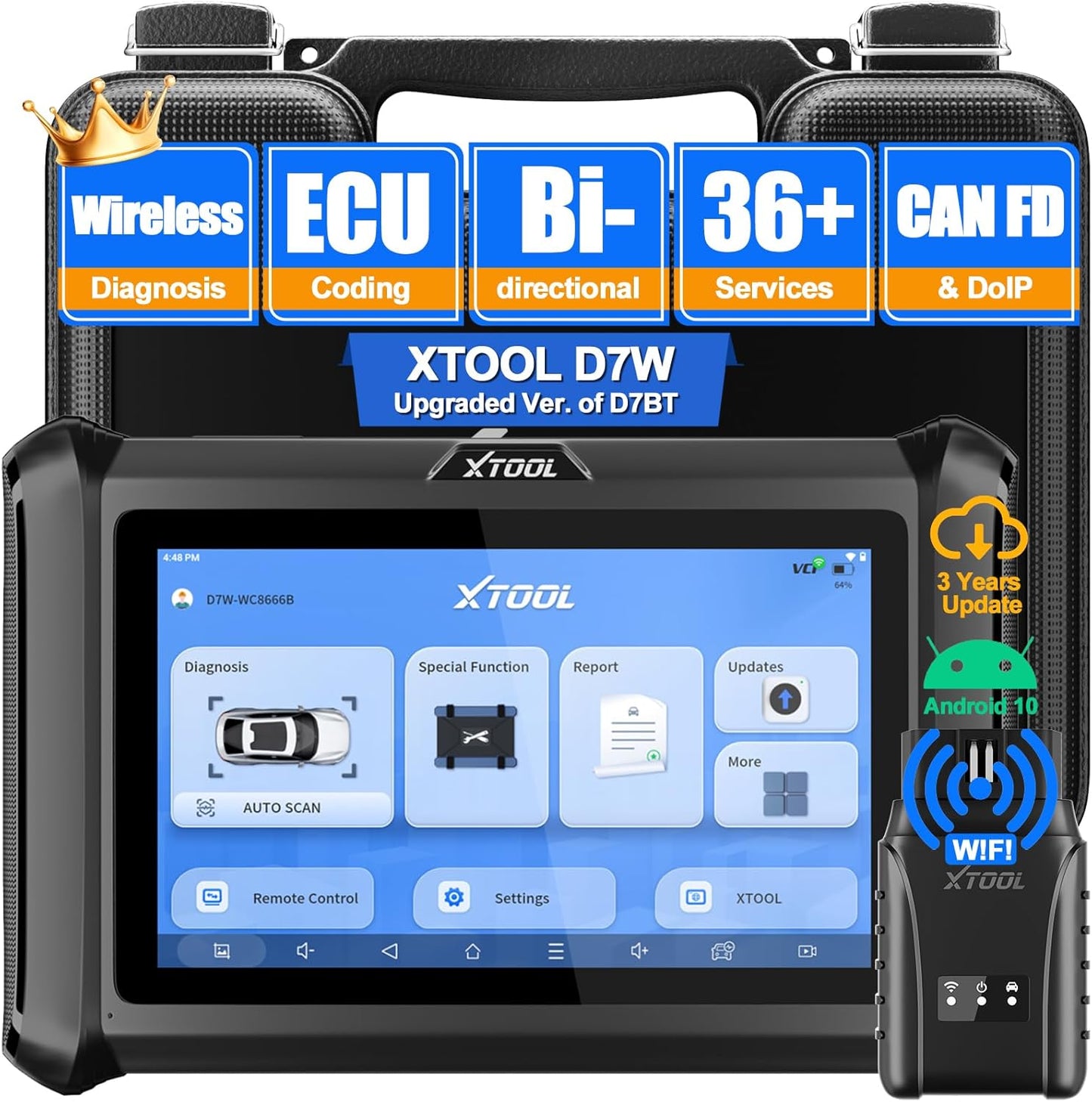 XTOOL D7W OBD2 Scanner Diagnostic Tool: 2025 Wireless Ver. of D7/D7S/D7BT, Bidirectional Scan Tool with ALL System Diagnostic, PMI, ECU Coding, 39+ Resets, 3-Year Updates, CAN FD/DoIP, Scanner for Car